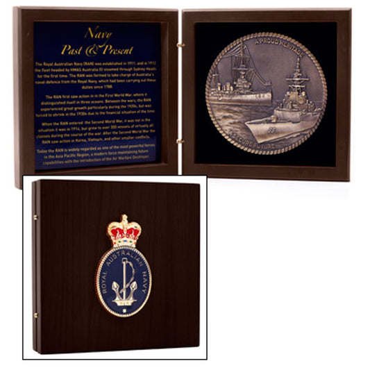 The Limited-Edition Royal Australian Navy Medallion in Antique Bronze Finish is a high-quality commemorative piece that showcases the rich history of the Royal Australian Navy (RAN). This medallion features a stunning antique brass plated 110mm medallion, beautifully displayed in a timber finish box measuring 150mm x 150mm. The front of the box is adorned with a large metal RAN badge, making a bold statement and capturing attention. www.defenceqstore.com.au