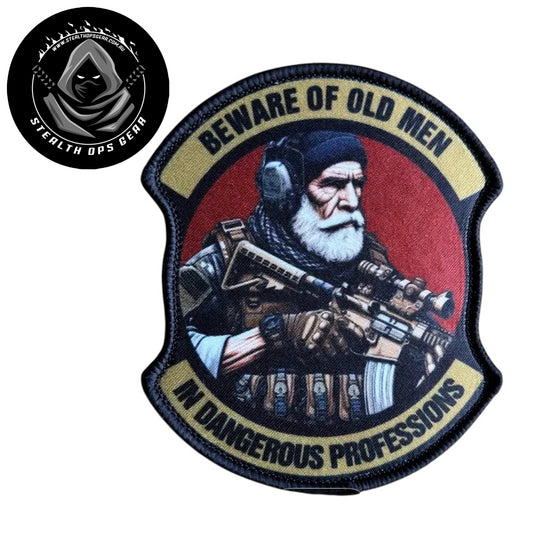 Unleash your creativity with the Beware Of Old Men Embroidery Morale Patch Hook &amp; Loop Stealth Ops Gear! Measuring 9x7.5cm and featuring a beautifully embroidered design and secure hook &amp; loop backing, this patch is a must-have for any collector. www.defenceqstore.com.au