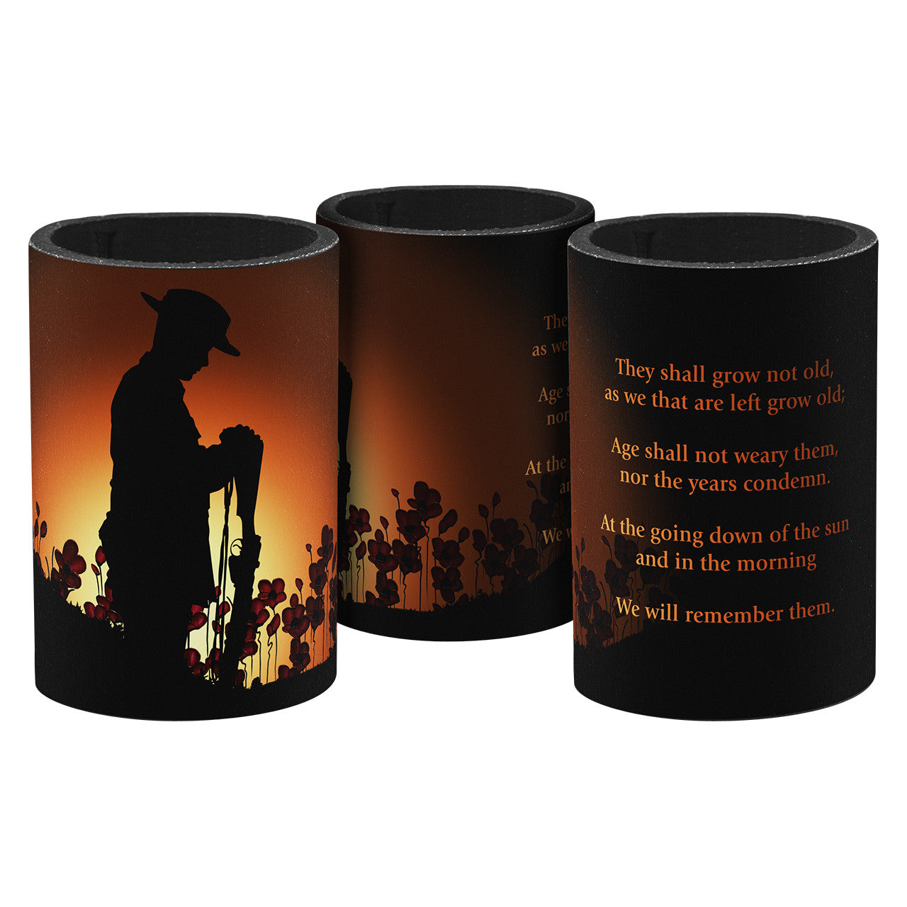 Introducing the Ode of Remembrance Drink Cooler, a truly captivating and poignant addition to your collection. This beautifully designed drink cooler features a silhouette soldier standing at reversed arms in a field of poppies, with the Ode of Remembrance inscribed on it. www.defenceqstore.com.au