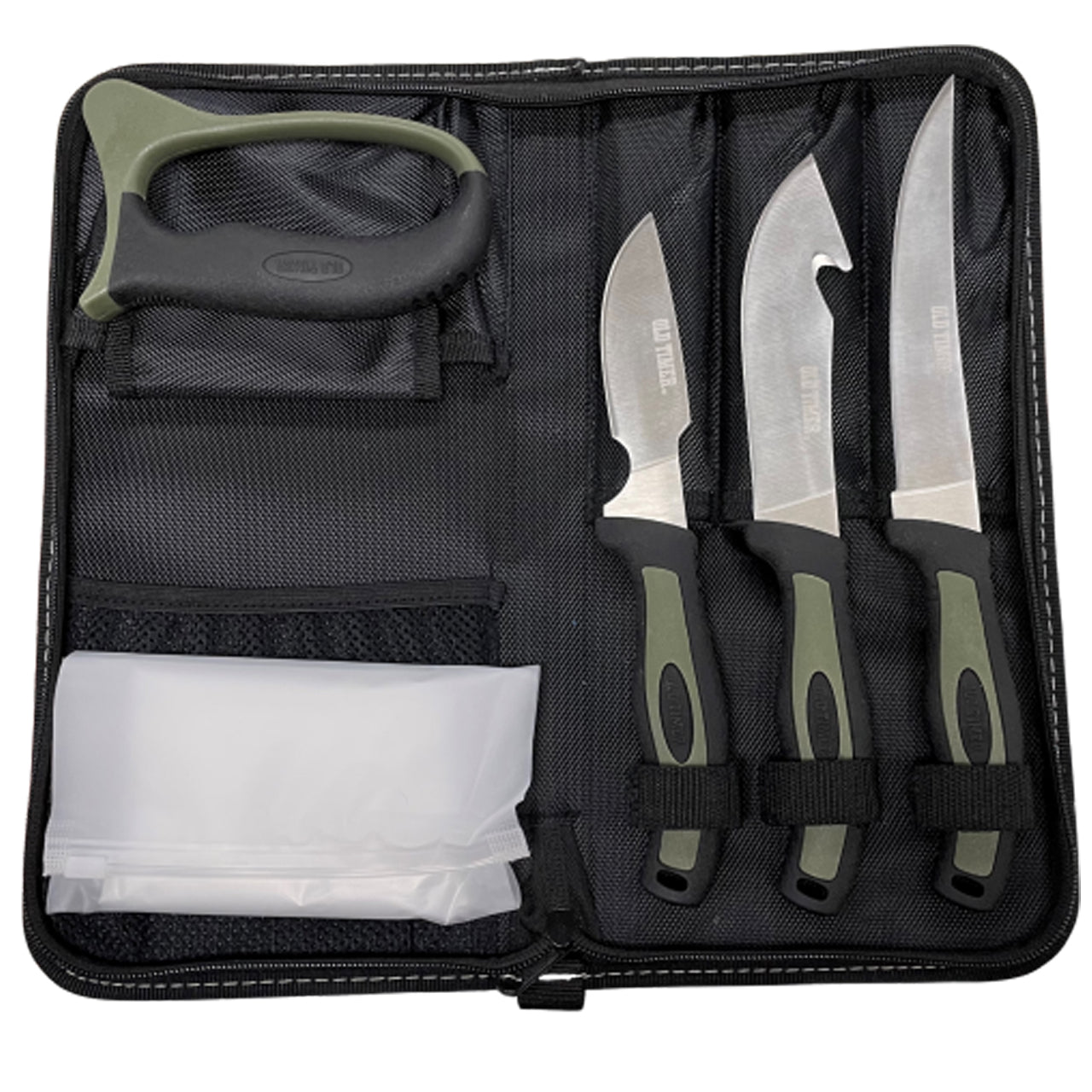 Old Timer Field Dressing Kit has the necessary tools a hunter needs to throw in his pack and process game in the field in one convenient location. Each knife is designed with a comfort grip rubber handle and an included sharpener for repeated use. www.defenceqstore.com.au