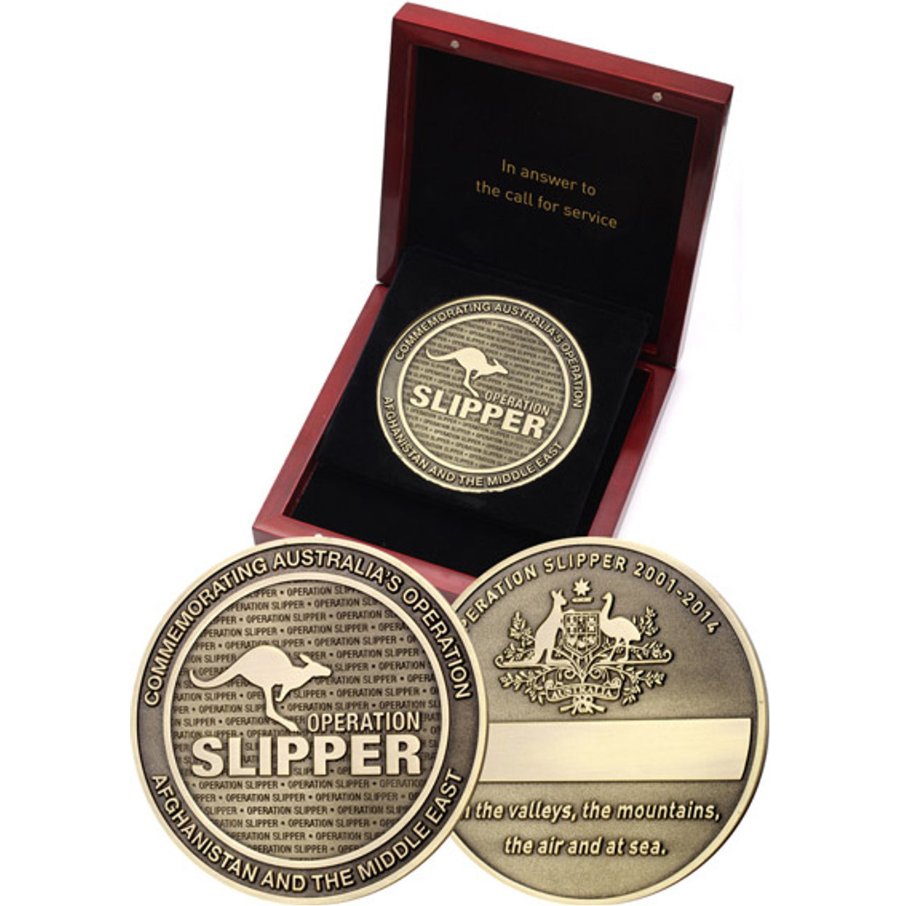 Marvel at the exquisite Operation Slipper 85mm Medallion in Timber Box! Its solid brass design, complete with integrated engraving plate, offers the perfect opportunity to craft unique personalisation, like deployment details, unit names, or special messages! www.defenceqstore.com.au