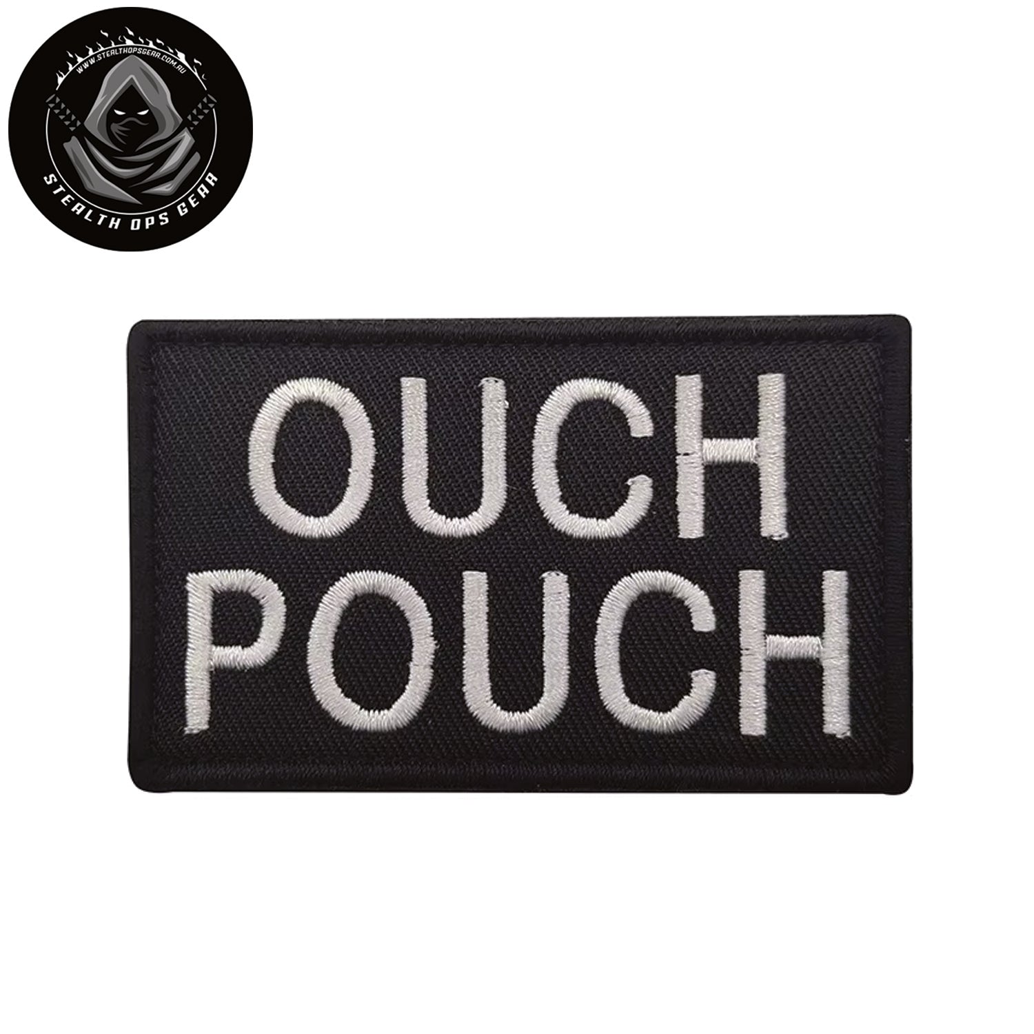 The Ouch Pouch White Thread Black Embroidery Morale Patch - Stealth Ops Gear , measuring 8x5cm, is a striking and durable addition to personalize your gear with style and toughness. www.defenceqstore.com.au