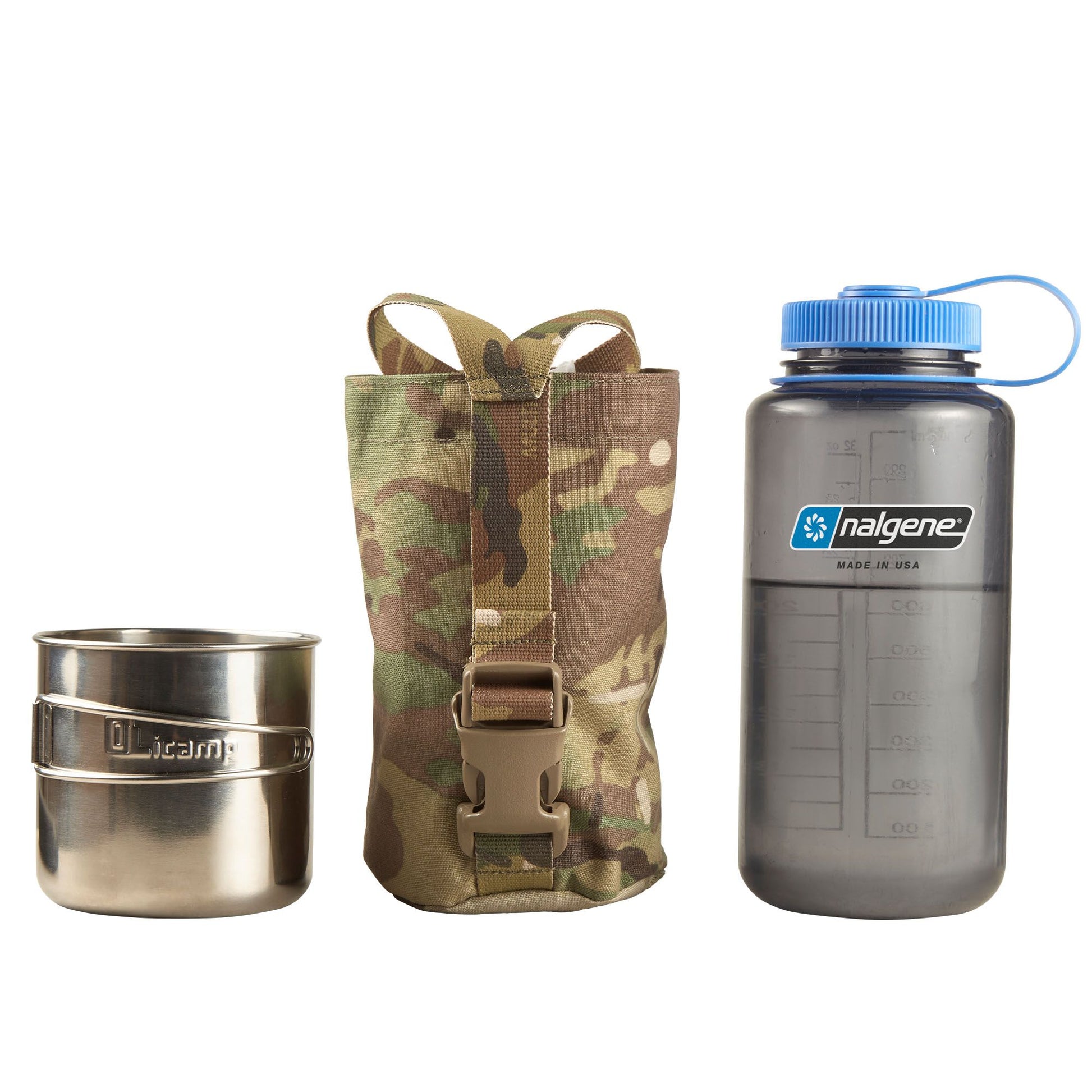 The Nalgene Bottle Pouch is designed to hold a 32oz wide or narrow mouth Nalgene bottle with a titanium cup, a 1L flask. It features a Y style strap with an ITW side release buckle to secure the bottle. www.defenceqstore.com.au