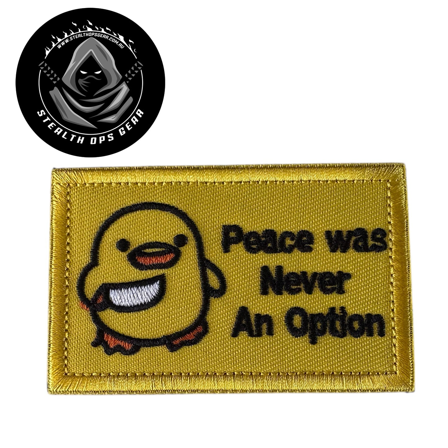 Peace Was Never An Option Embroidery Morale Patch - Stealth Ops Gear, measuring 8x5cm, is a striking and durable addition to personalize your gear with style and toughness. Crafted with high-quality embroidery, this patch features a versatile pattern that blends seamlessly with various tactical and outdoor equipment. www.defenceqstore.com.au