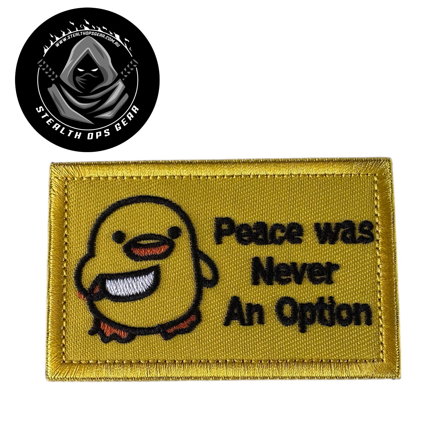 Peace Was Never An Option Embroidery Morale Patch - Stealth Ops Gear, measuring 8x5cm, is a striking and durable addition to personalize your gear with style and toughness. Crafted with high-quality embroidery, this patch features a versatile pattern that blends seamlessly with various tactical and outdoor equipment. www.defenceqstore.com.au