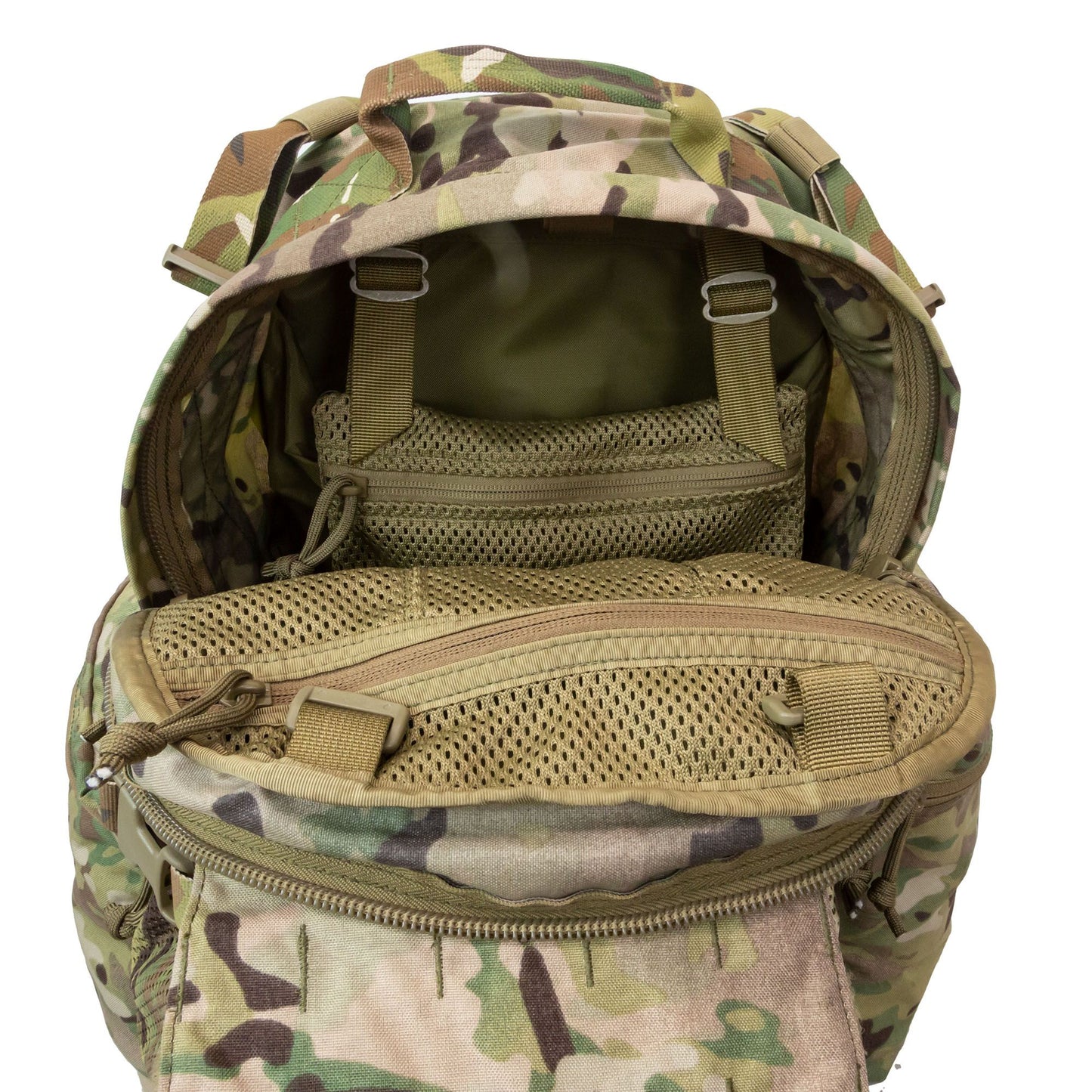 The built-in cradle in front comfortably fits a helmet or can be used as a storage compartment for clothing or other medium-size mission critical necessities. The cradle also features Velcro and non-Velcro MOLLE attachment points in front. www.defenceqstore.com.au