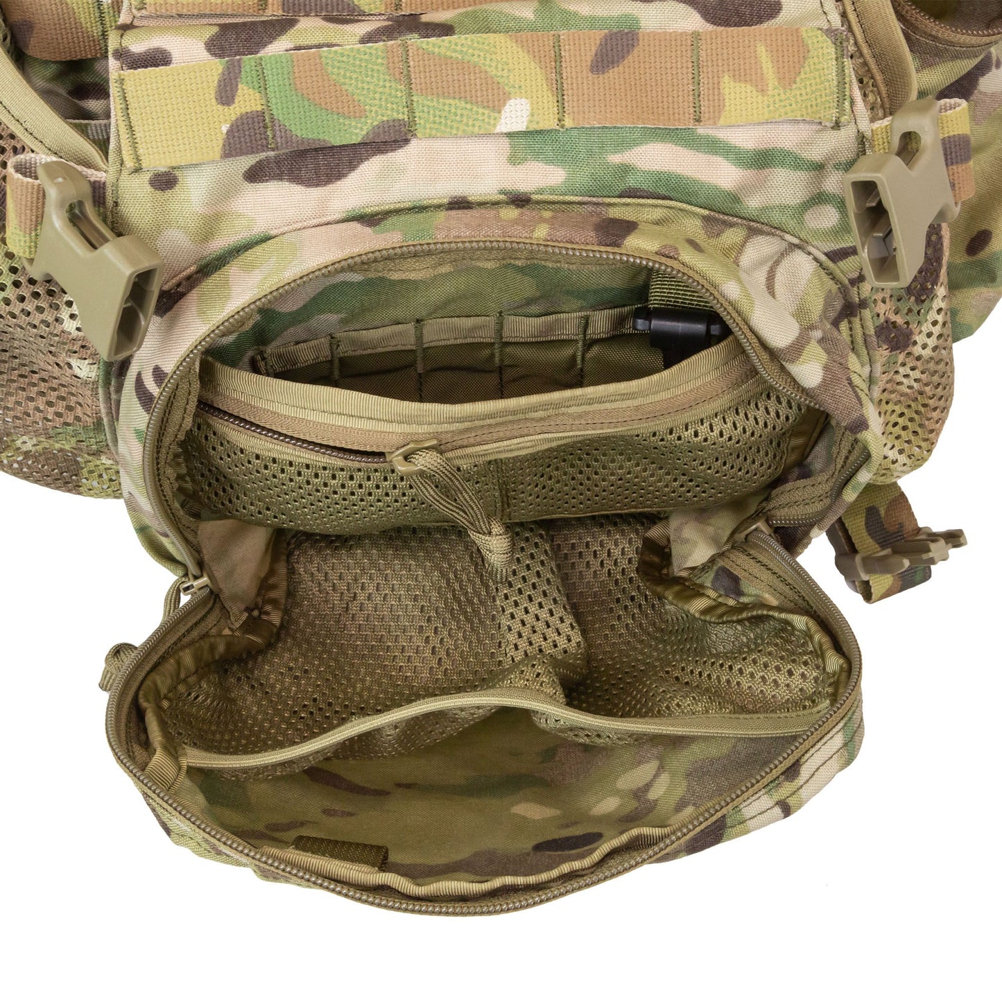 The built-in cradle in front comfortably fits a helmet or can be used as a storage compartment for clothing or other medium-size mission critical necessities. The cradle also features Velcro and non-Velcro MOLLE attachment points in front. www.defenceqstore.com.au