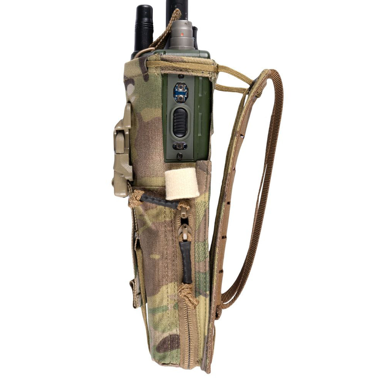 This pouch has been designed to securely hold an AN/PRC-152 Multiband Handheld Radio, with or without GPS module. The pouch has a drop-down feature for quick access to the screen and control panel of the radio without removing the radio. The zip at the bottom allows you to change out the battery quickly without having to disconnect any cables and head-sets. www.defenceqstore.com.au