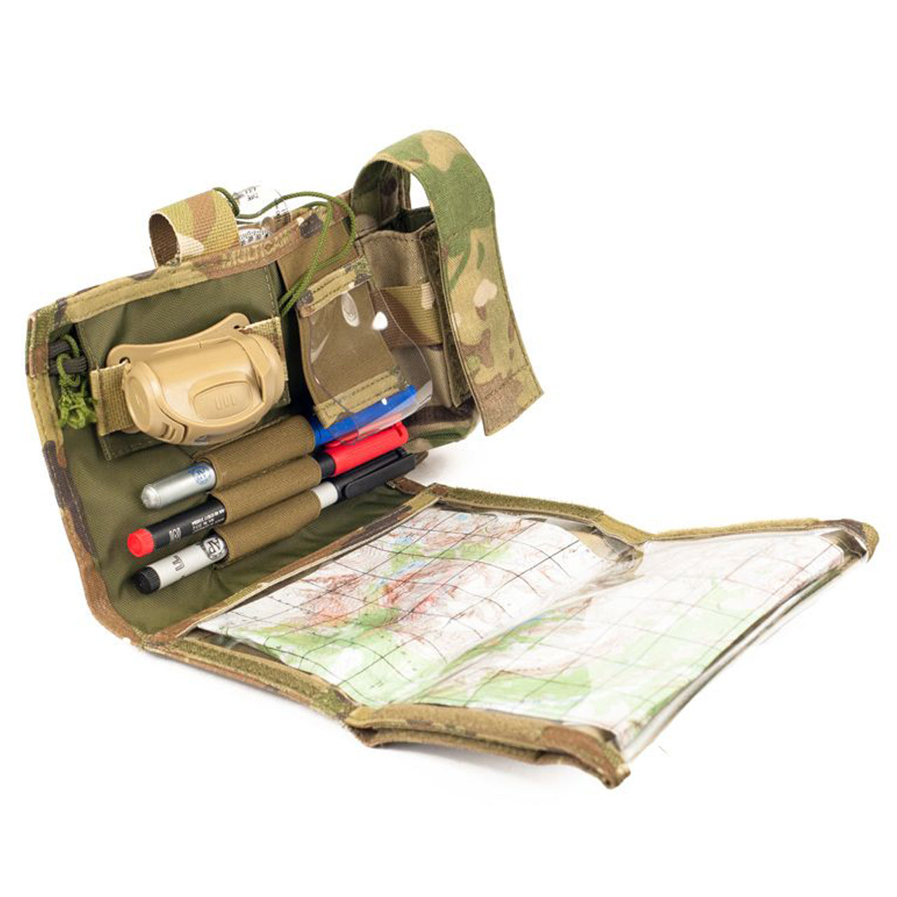 The GRG (Grid Reference Graphic) Admin panel is designed to hold small maps, checklists, target pictures or other key data needed in hard copy. www.defenceqstore.com.au open map case with gear