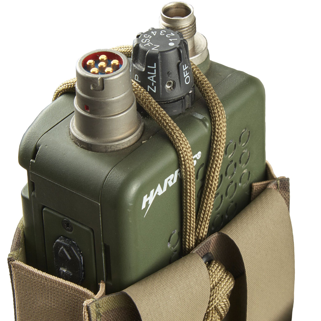 This pouch has been designed securely hold AN/PRC-152 Multiband Handheld Radio with or without GPS module. The pouch can be adjusted in height for when the user is operating with a battery splitter. www.defenceqstore.com.au top view