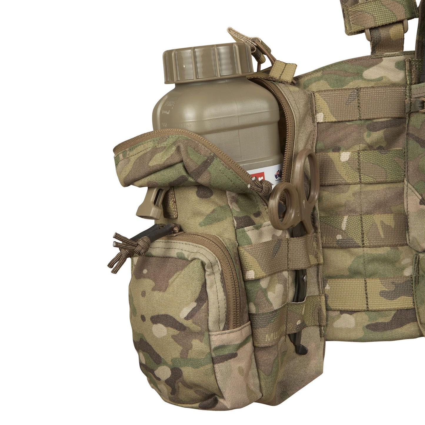 The magazine pouches have adjustable/removable lids to allow larger magazines, such as AK47 mags to be carried or allow easier access to mags by removing the flaps all together. They can also accommodate a pistol, black means (Baofeng) radio or a smoke grenade if required. Bungee retention around the mag pouches provides additional security for stowed items. www.defenceqstore.com.au 
where the army shops