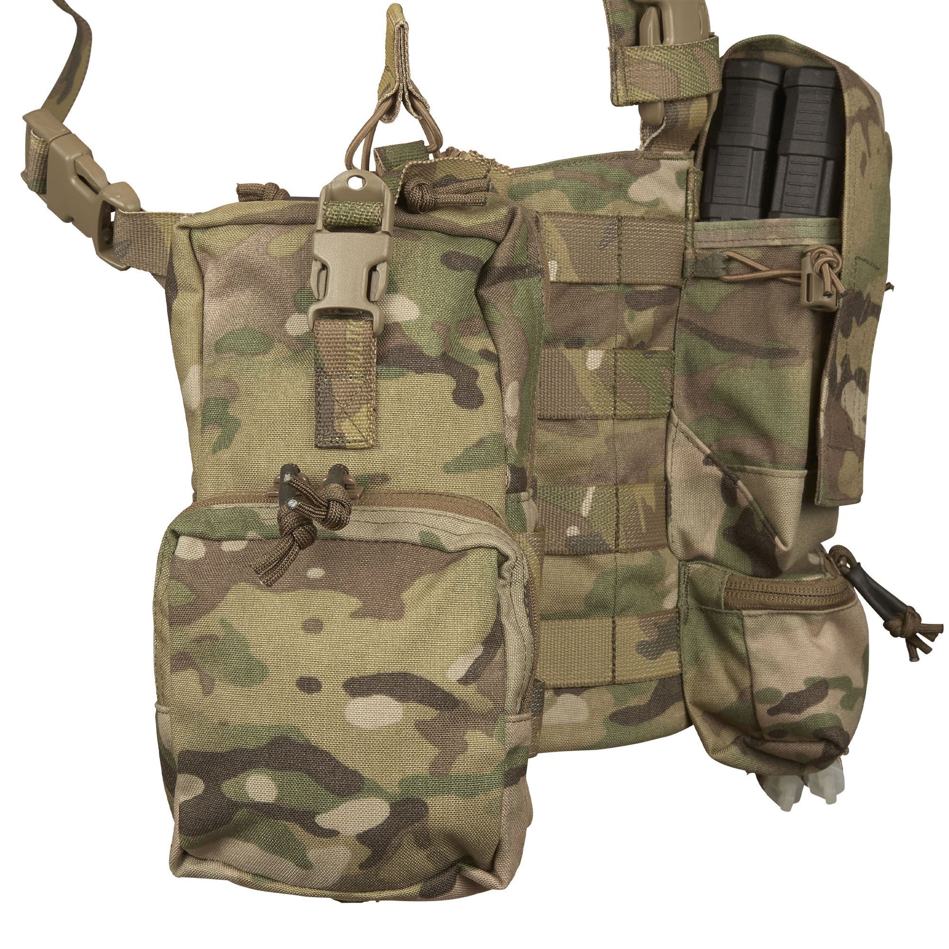 The magazine pouches have adjustable/removable lids to allow larger magazines, such as AK47 mags to be carried or allow easier access to mags by removing the flaps all together. They can also accommodate a pistol, black means (Baofeng) radio or a smoke grenade if required. Bungee retention around the mag pouches provides additional security for stowed items. www.defenceqstore.com.au 
where the army shops