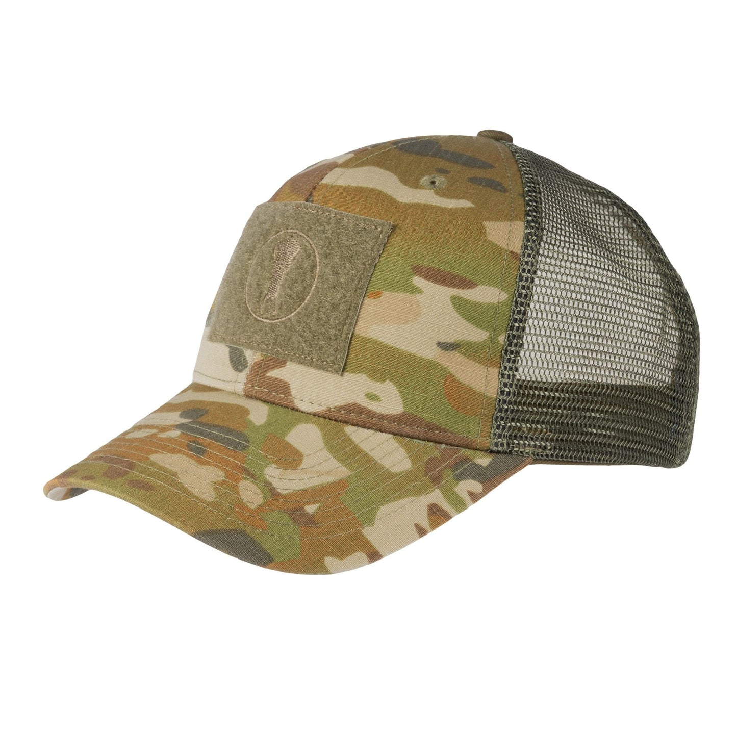 The Mid-Pro Trucker Cap features Genuine TFP 50/50 Nyco Ripstop front crown panels and poly-mesh back panels. The front has a colour-matched 55x75mm Velcro panel for morale patches. Also features a precurved visor, cotton sweatband, adjustable velcro fastener in back, and no button on the top of the cap. www.defenceqstore.com.au