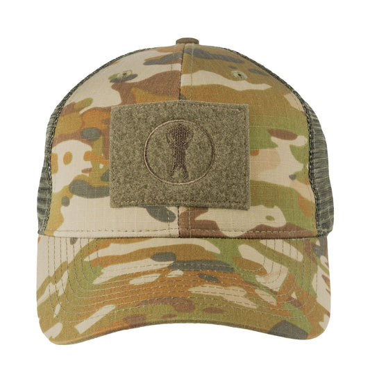 The Mid-Pro Trucker Cap features Genuine TFP 50/50 Nyco Ripstop front crown panels and poly-mesh back panels. The front has a colour-matched 55x75mm Velcro panel for morale patches. Also features a precurved visor, cotton sweatband, adjustable velcro fastener in back, and no button on the top of the cap. www.defenceqstore.com.au