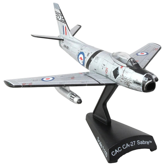 The CAC-27 Sabre represents a pivotal chapter in RAAF aviation history, serving as a key platform during the Cold War era. This Postage Stamp 1:110 scale diecast metal model faithfully reproduces the aircraft's authentic RAAF livery and markings with museum-quality precision. www.defenceqstore.com.au