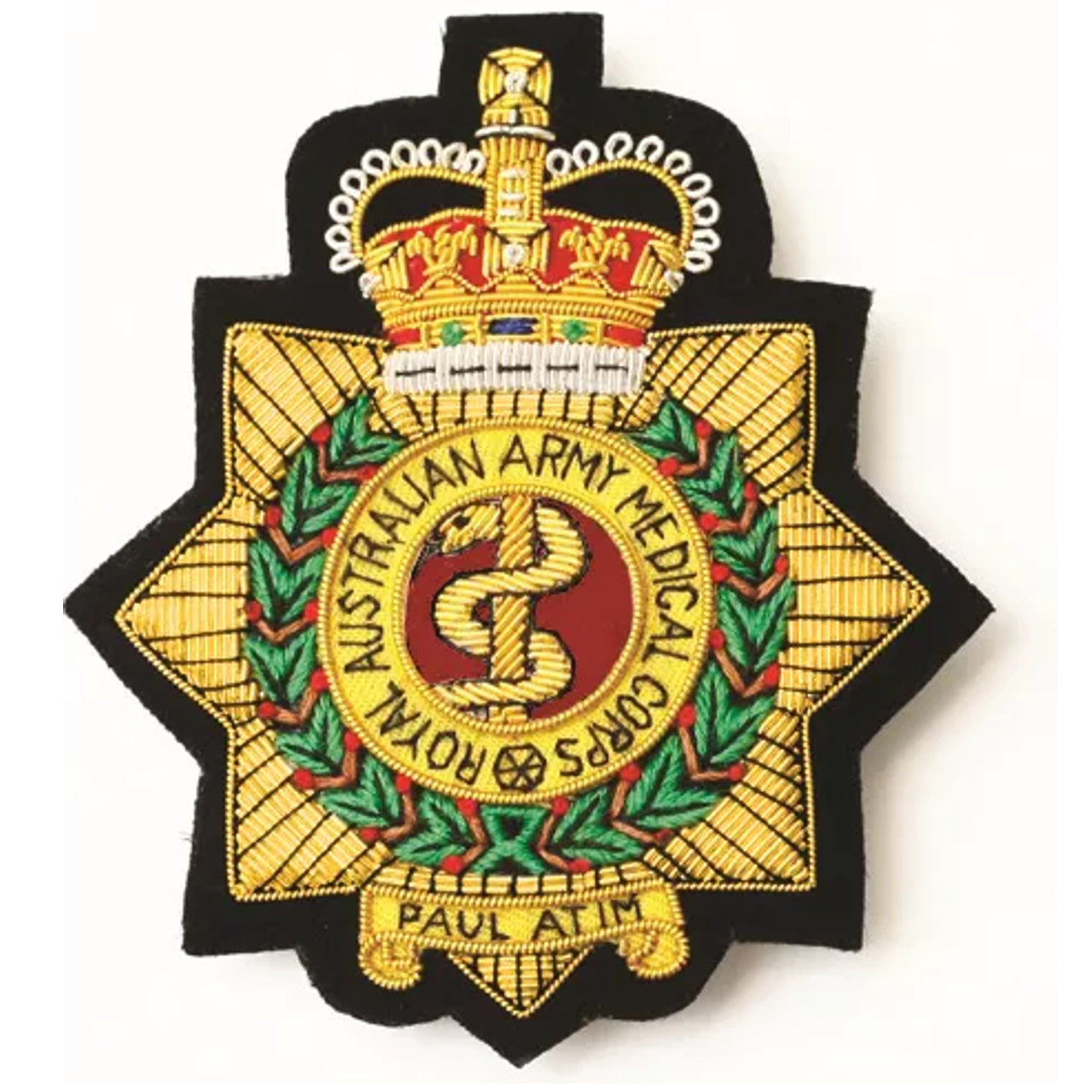 Fashion your look with a stunning Royal Australian Army Medical Corps (RAAMC) Bullion Pocket Badge! Perfect for a blazer, bag, or anywhere you want to make a stylish statement. Size: approximately 80 x 80mm. Closes securely with three butterfly catches at the back. www.defenceqstore.com.au