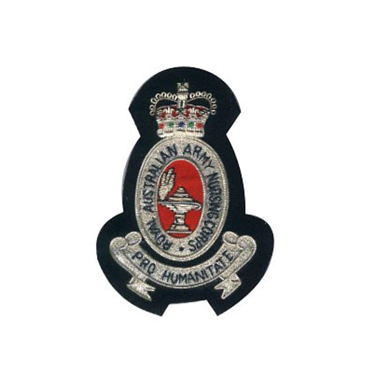 Make a statement with this exquisite RAANC Bullion Pocket Badge. Perfect for your blazer, bag, or any other desired location. Measuring approximately 80x80mm, this badge is held securely with 3 butterfly catches on the back. Flaunt your style with this stunning piece! www.defenceqstore.com.au