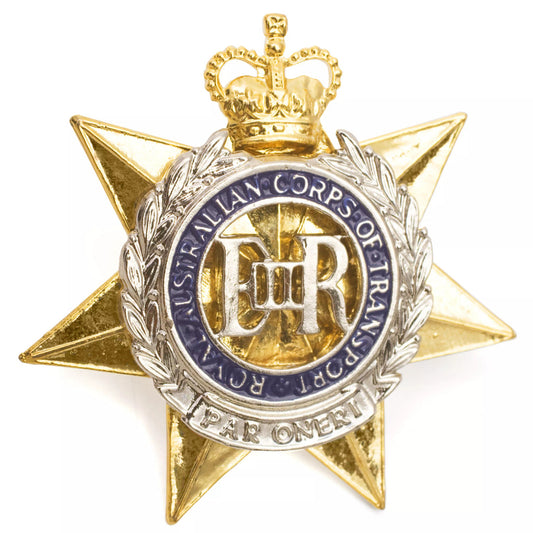 This sensational badge is the perfect hat badge for wear or for your collection. Featuring the Royal Australian Corps of Transport badge in gold, silver, and blue, this hat badge is designed to fit perfectly on standard uniform hats. Add this hat badge to your collection today. www.defenceqstore.com.au