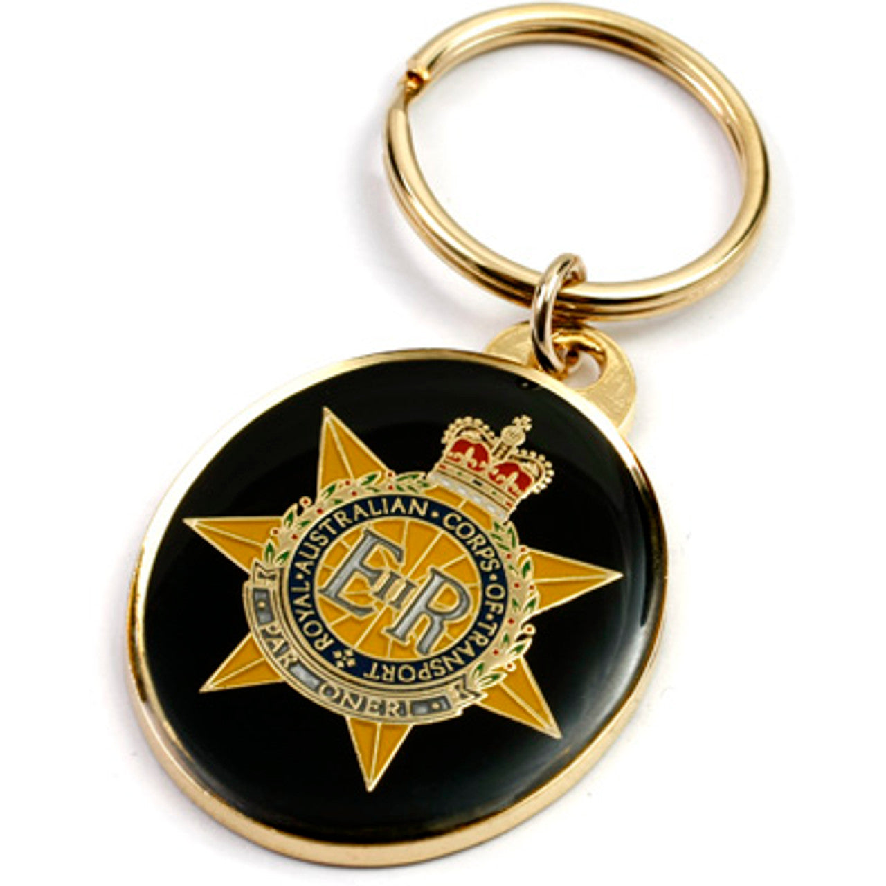 This lustrous 40mm gold-plated, enamel-coated Royal Australian Corps of Transport (RACT) key ring is ideal for elegance and organization, sure to spark conversation. An accessory you'll treasure for a lifetime, this beautifully crafted and eye-catching key ring is sure to add a touch of sophistication to any ensemble. It's a timeless must-have for the discerning collector. www.defenceqstore.com.au