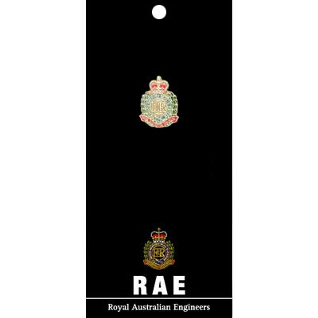 The Royal Australian Engineers (RAE) 20mm full-colour enamel lapel pin.  This beautiful gold-plated lapel pin will look great on both your jacket and your cap.  Specifications:  Material: Gold-plated zinc alloy, enamel fill Colour: Green, red Size: 20mm www.defenceqstore.com.au