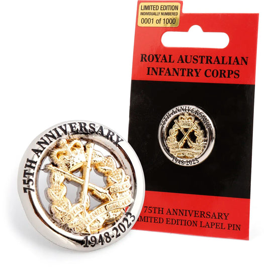 The 75th Anniversary Royal Australian Infantry Limited Edition Lapel Pin is a symbol of honour and gratitude, paying tribute to the bravery, resilience, and unwavering commitment of the remarkable men and women of the Royal Australian Infantry Corps. www.defenceqstore.com.au