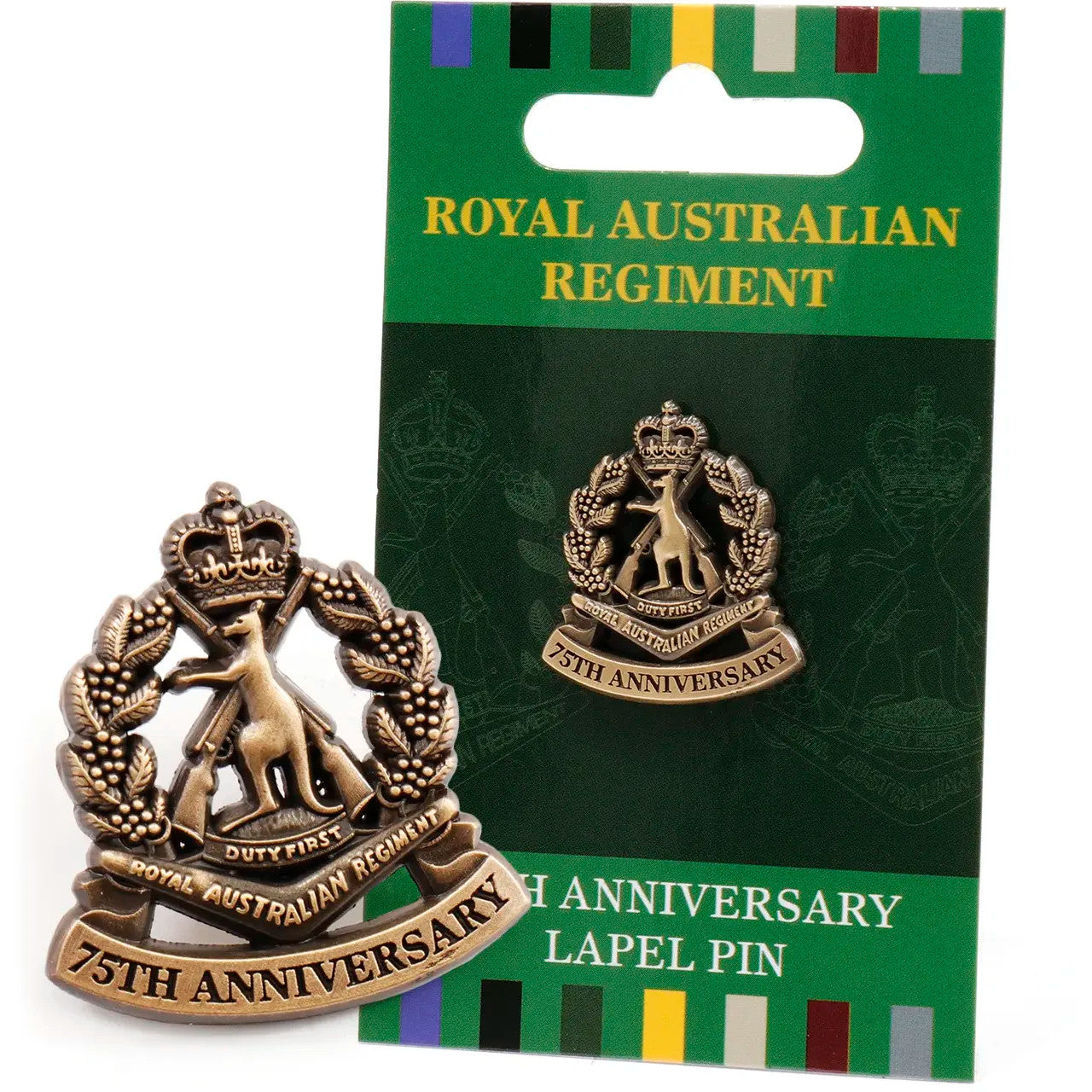 Celebrate 75 Years of valour with the Royal Australian Regiment Lapel Pin. In honour of the Royal Australian Regiment's (RAR) remarkable 75-year journey, we proudly present the 75th Anniversary Royal Australian Regiment Lapel Pin. This exquisite lapel pin is a testament to the RAR's legacy of courage, honour, and unwavering service. www.defenceqstore.com.au