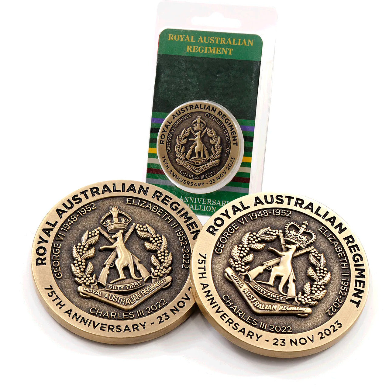 Introducing the 75th Anniversary Royal Australian Regiment Medallion in blister pack - a stunning tribute to a storied history of valour, dedication, and unwavering service.  www.defenceqstore.com.au