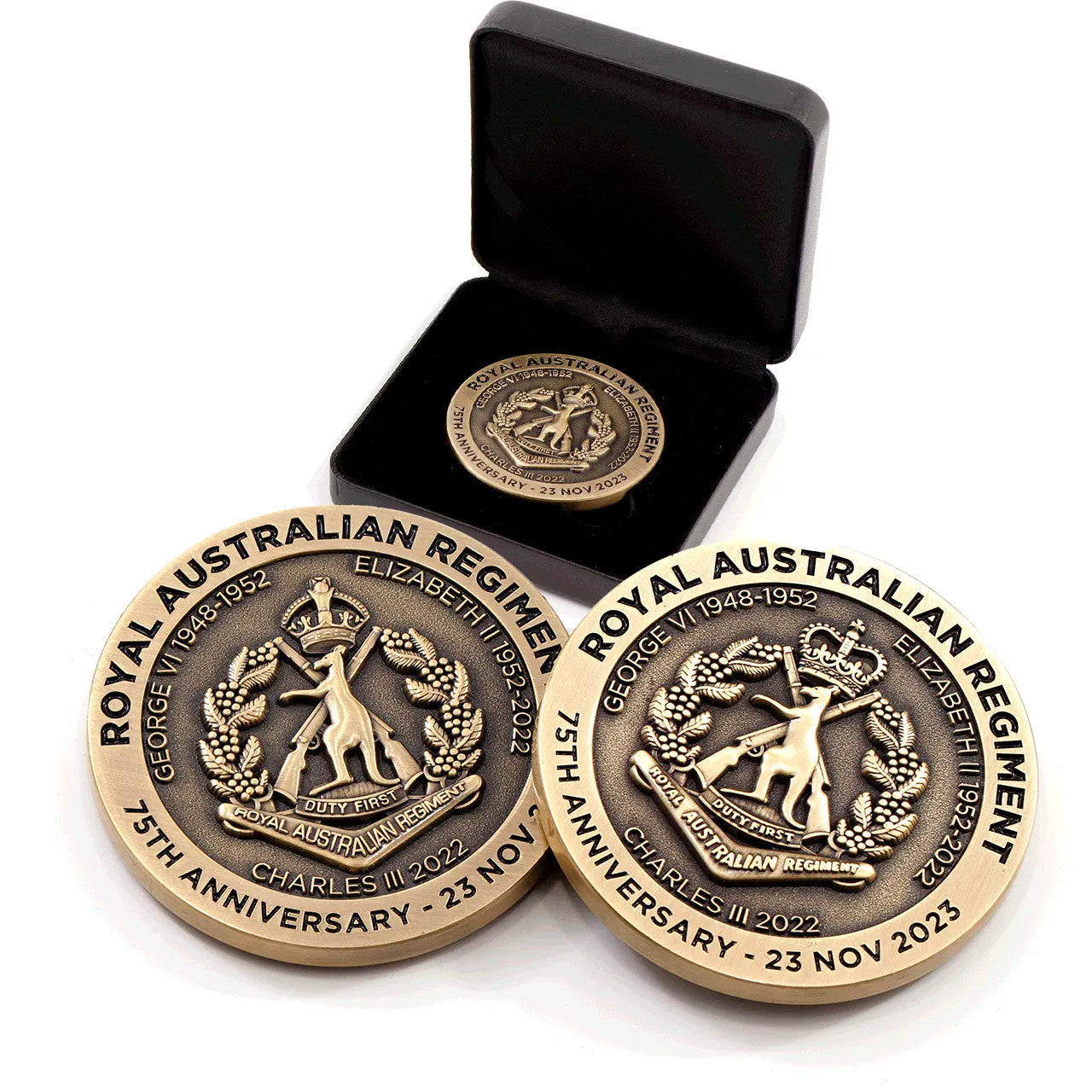 Celebrate 75 years of the Royal Australian Regiment with this exquisite and timeless commemorative medallion. Presented in a leather look gift box, this medallion exudes a sense of prestige and heritage. www.defenceqstore.com.au