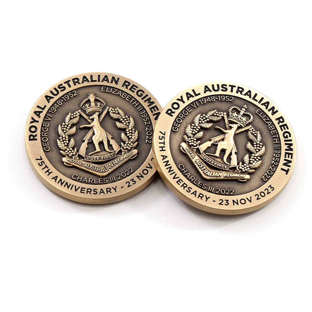 Celebrate 75 years of the Royal Australian Regiment with this exquisite and timeless commemorative medallion. Presented in a leather look gift box, this medallion exudes a sense of prestige and heritage. www.defenceqstore.com.au