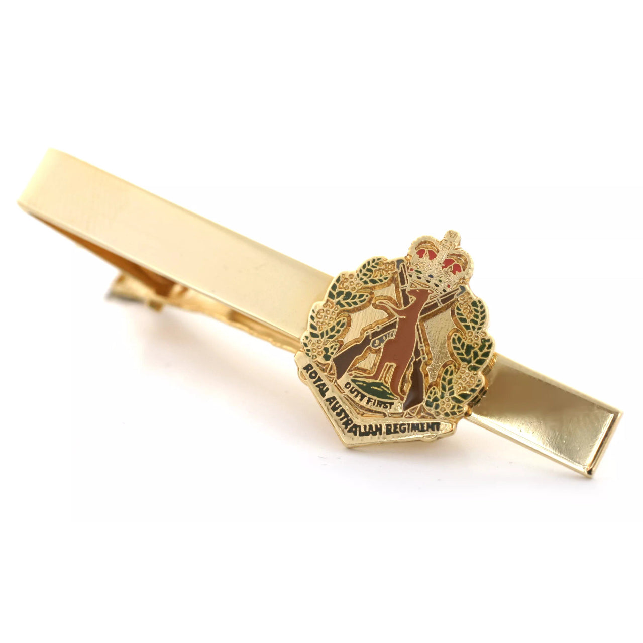 Add a splash of regimental loyalty to your outfit with the RAR 20mm full-color enamel tie bar. This exquisite gold-plated accessory provides a stylish finish to both work and formalwear. Complete your look with this elegant and timeless addition. Show off your RAR pride - you won't regret this stylish choice! www.defenceqstore.com.au