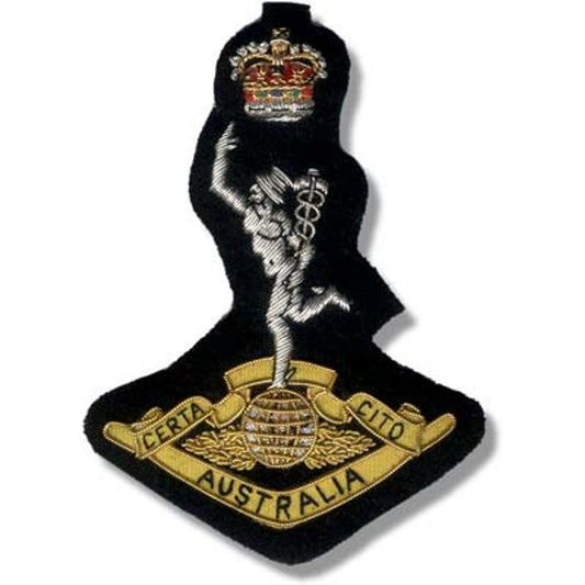 A magnificent RASigs Bullion Pocket Badge to add a touch of extravagance to your Blazer, purse, or whatever you'd like! Approximately 80x80mm in size, this badge is sure to impress, and firmly secured by three butterfly clips on the back. www.defenceqstore.com.au