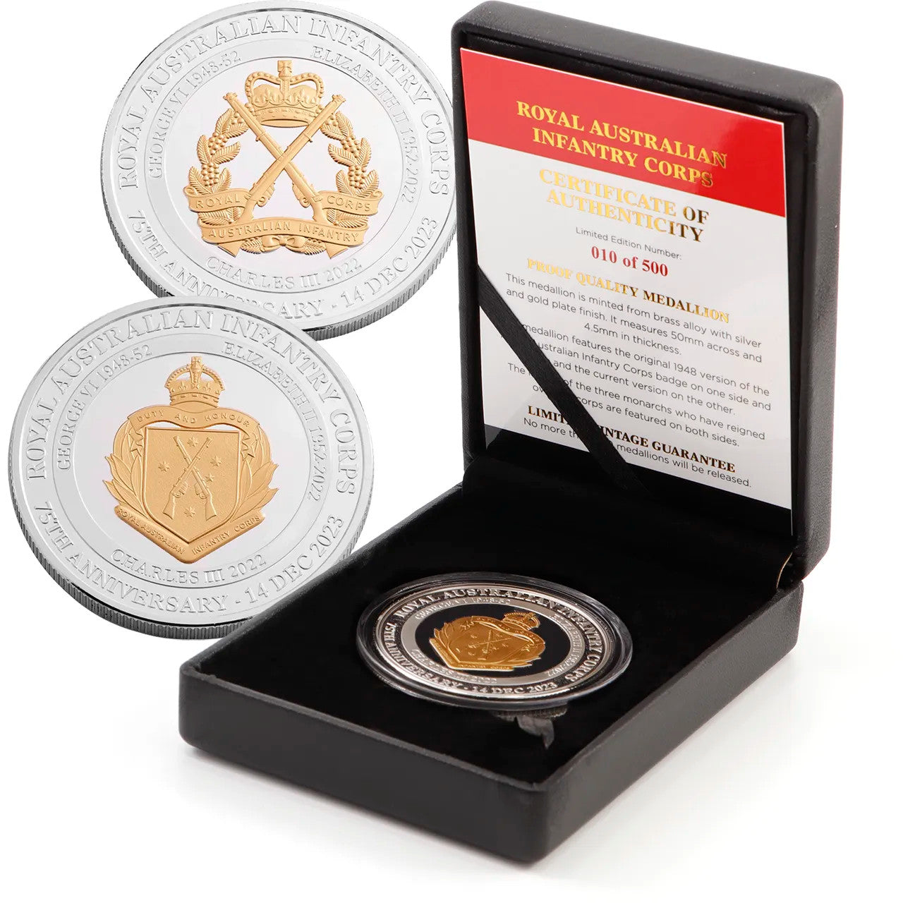 Embrace the Legacy: The 75th Anniversary Royal Australian Infantry Limited Edition Medallion in Leatherette Gift Case www.defenceqstore.com.au medallion both sides with case views