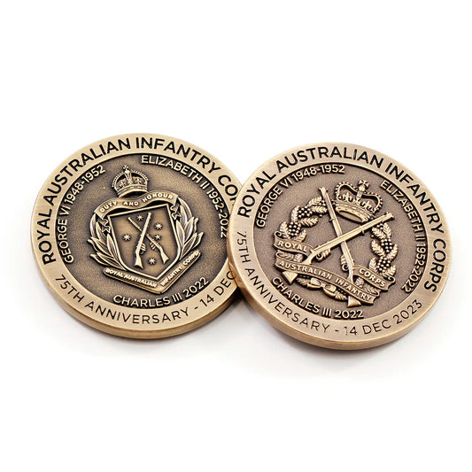 Mark this milestone moment in military history with this exquisite and timeless commemorative medallion: the 75th anniversary of the Royal Australian Infantry Corps. www.moralepatches.com.au medallion showing both sides