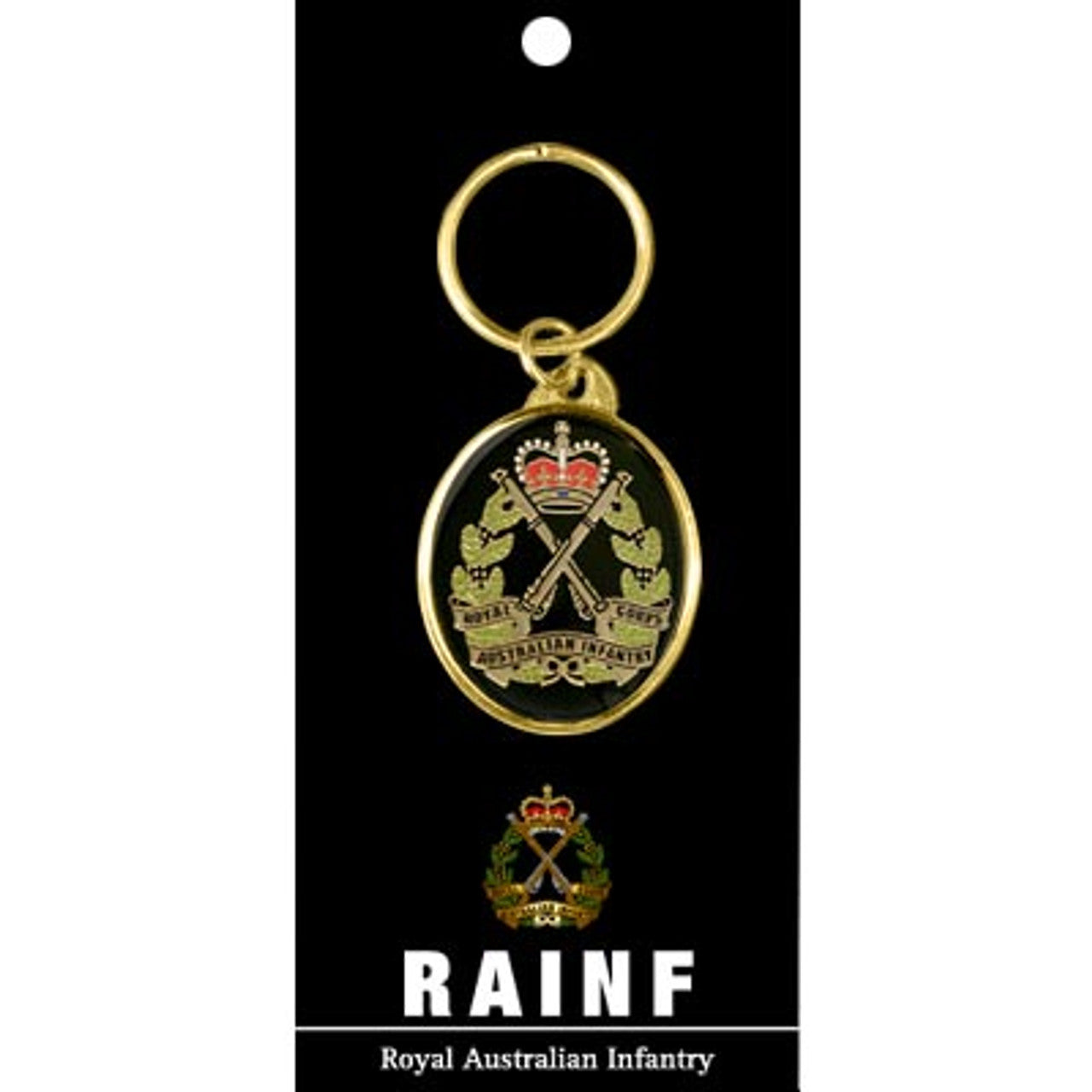 Show your RA Inf pride with this shining 40mm gold-plated enamel key ring. Guaranteed to keep your keys orderly and spark conversations - a high-style way to honor your regiment! www.defenceqstore.com.au