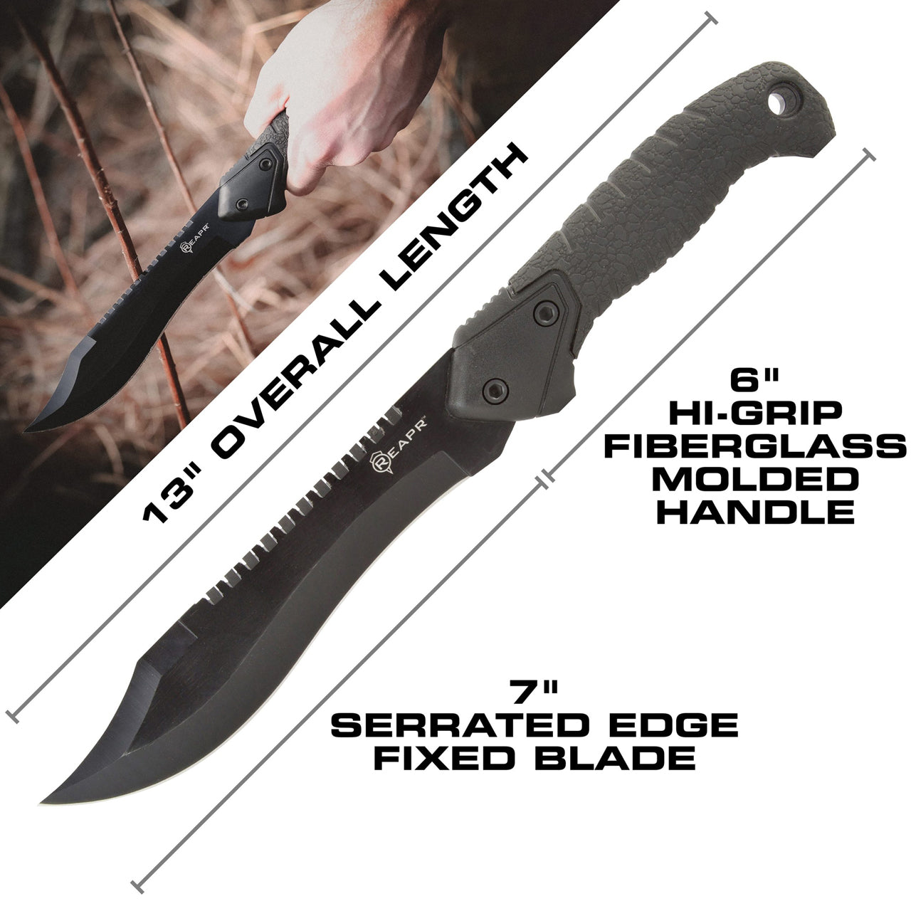 The REAPR 11001 TAC Bowie Knife is perfect for all your camping, hunting, tactical and survival needs. This tough and durable Bowie knife is great for hacking brush, peeling wood for tinder, dressing game, whittling branches and prepping food. www.defenceqstore.com.au