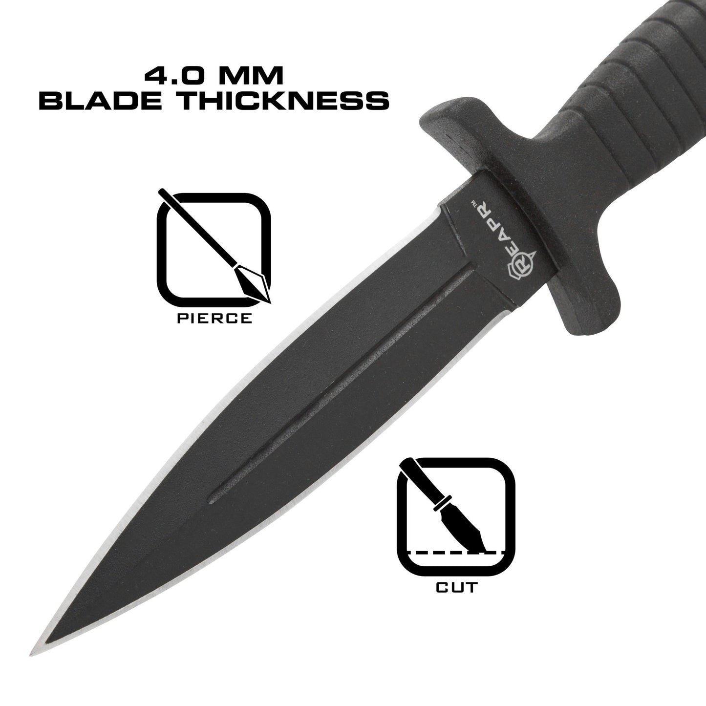 The Reapr 11002 TAC boot knife is the ultimate knife for stealth operations. Designed for hidden carry, this boot knife features a nylon-web sheath with a molded scabbard, allowing for boot, belt, or over-the-shoulder transport. A 4.75” black-oxide coated 420 stainless steel blade has a double edge for maximum efficiency. A rugged hi-grip fiberglass TPR molded handle delivers optimal cutting leverage and precision, as well as comfort. www.defenceqstore.com.au