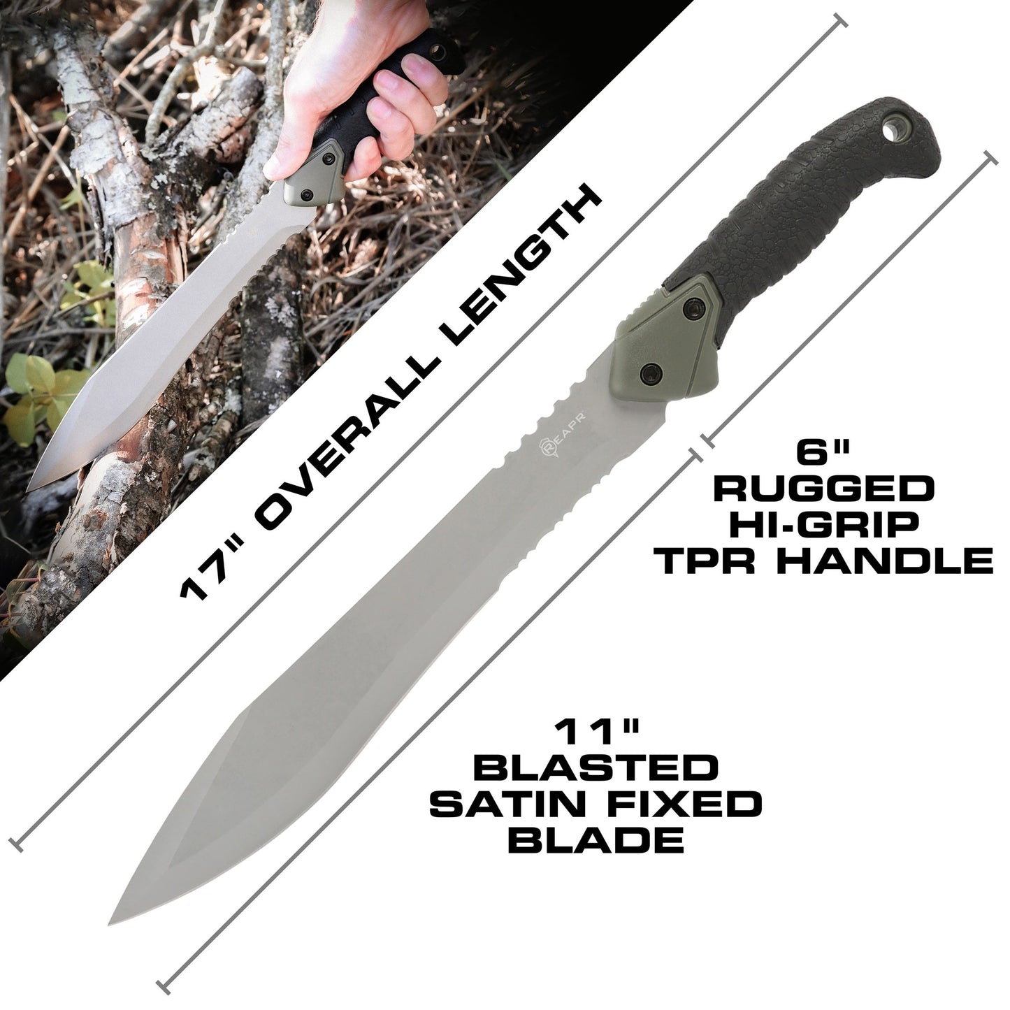 The Reapr TAC Jungle Knife is a cool 17 inches of sharp steel that doubles as an all-round camping machete and survival knife in one. With an ultra-sharp modified drop point blade designed for versatility, and a partially serrated blade, most any challenge that comes your way can be handled with ease. www.defenceqstore.com.au