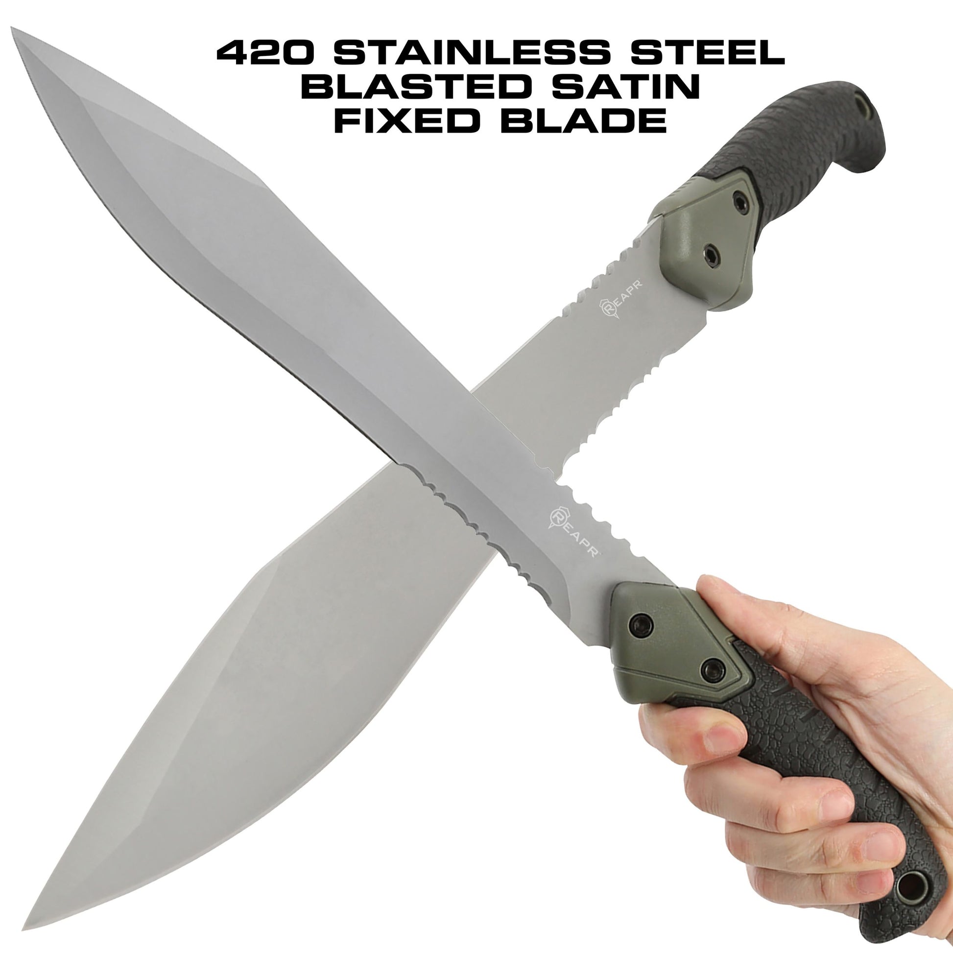 The Reapr TAC Jungle Knife is a cool 17 inches of sharp steel that doubles as an all-round camping machete and survival knife in one. With an ultra-sharp modified drop point blade designed for versatility, and a partially serrated blade, most any challenge that comes your way can be handled with ease. www.defenceqstore.com.au