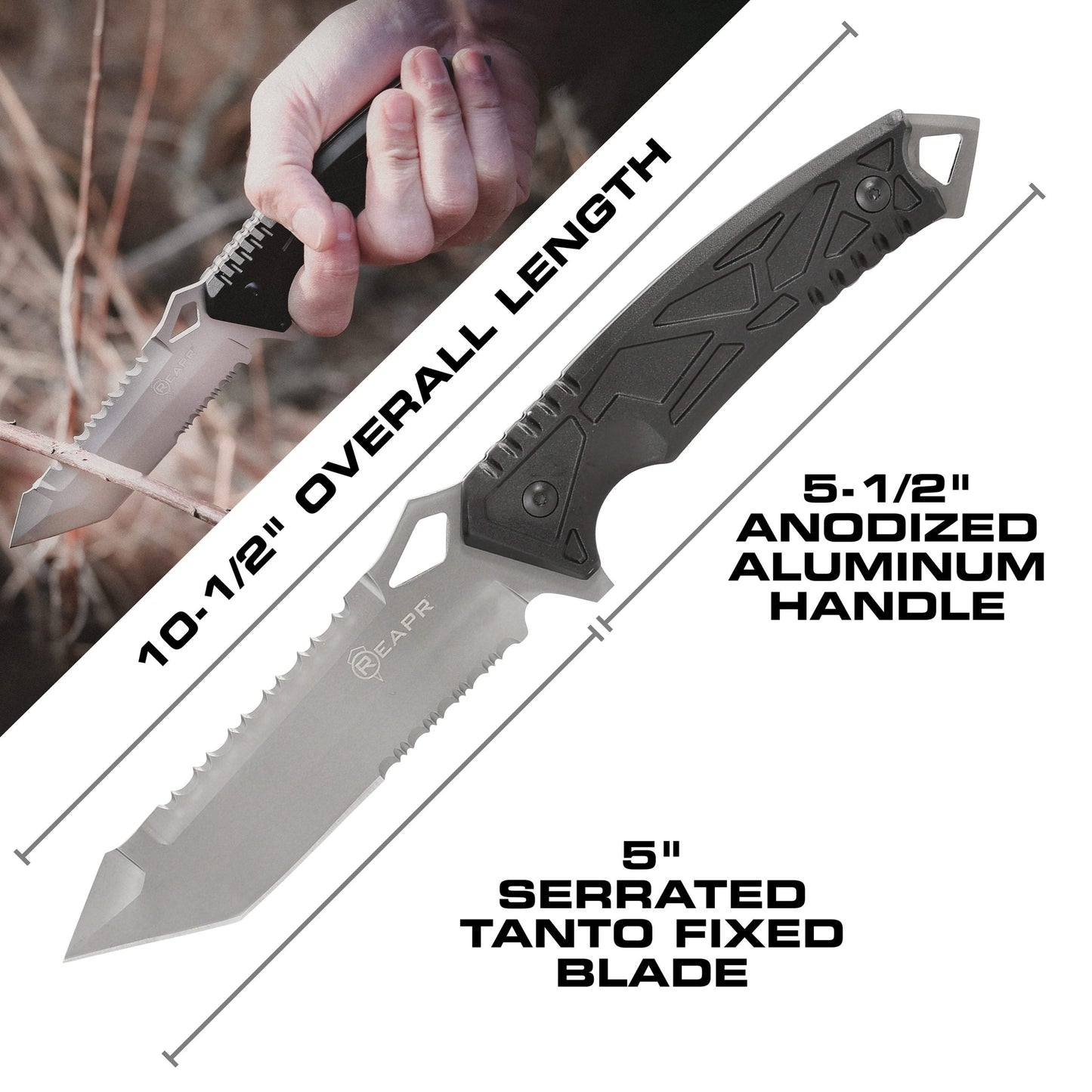 This serrated full tang knife is the ideal camping and hunting companion. The REAPR 11011 Javelin Fixed Blade Knife features a spiked window glass breaker and a sawed-back dual edge serrated camping knife for cutting twigs and twine and branches. www.defenceqstore.com.au