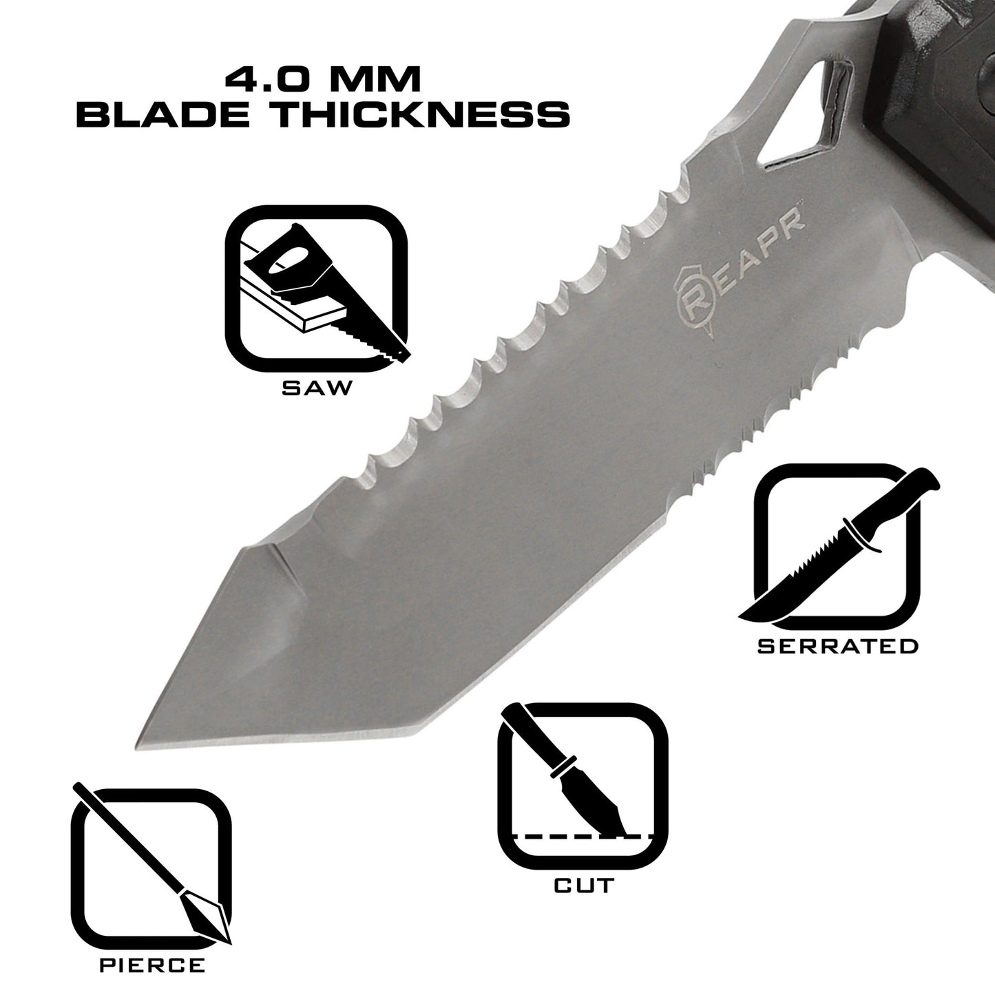 This serrated full tang knife is the ideal camping and hunting companion. The REAPR 11011 Javelin Fixed Blade Knife features a spiked window glass breaker and a sawed-back dual edge serrated camping knife for cutting twigs and twine and branches. www.defenceqstore.com.au