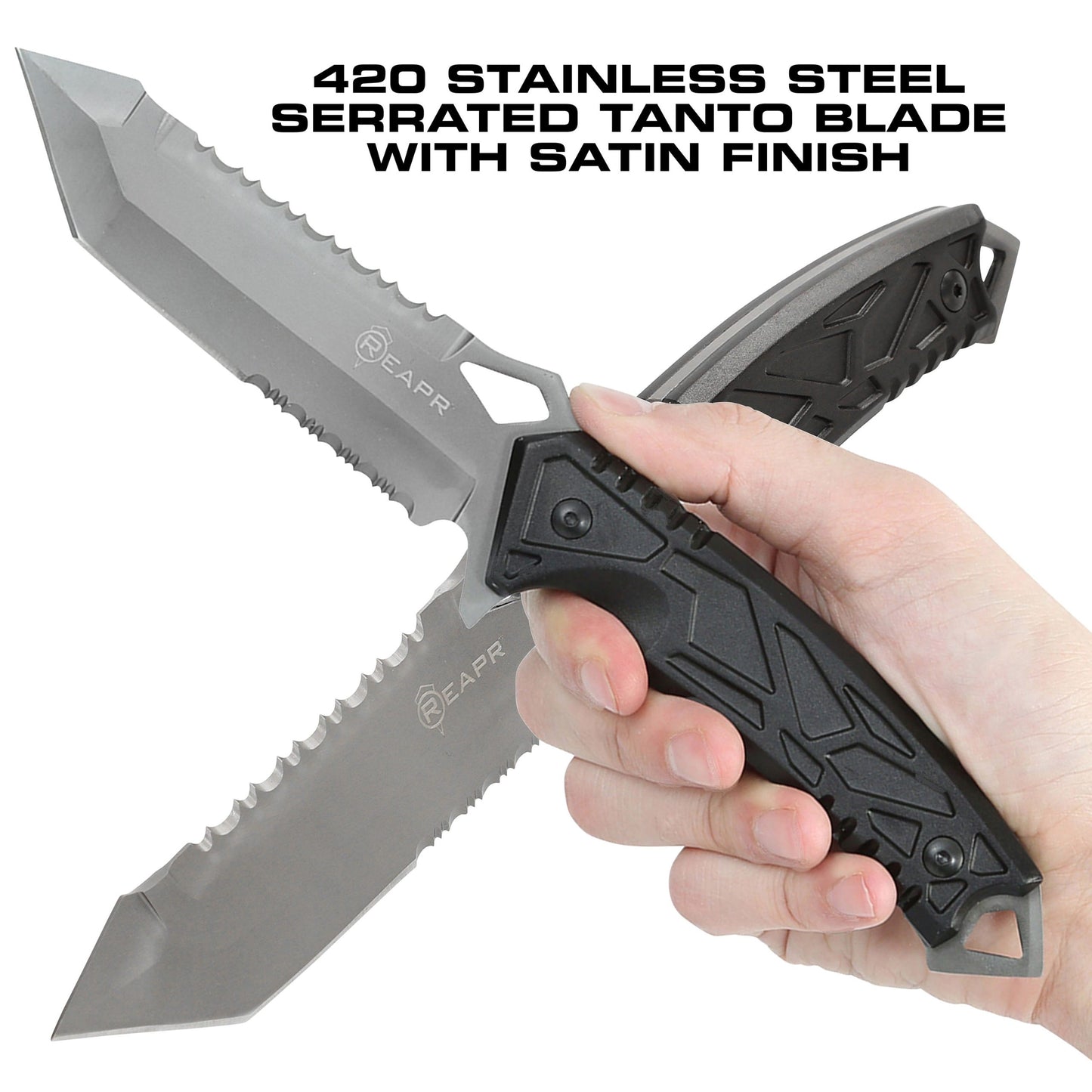 This serrated full tang knife is the ideal camping and hunting companion. The REAPR 11011 Javelin Fixed Blade Knife features a spiked window glass breaker and a sawed-back dual edge serrated camping knife for cutting twigs and twine and branches. www.defenceqstore.com.au