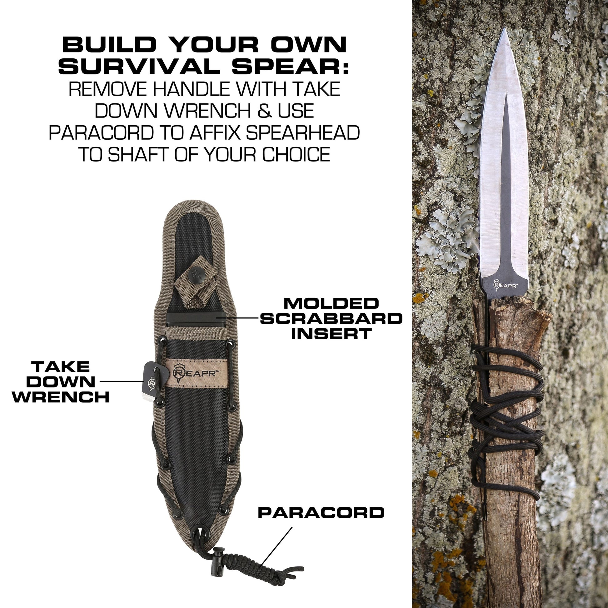 Build your own survival spear with this dual purpose Versa Spear Dagger from Reapr. Simply remove the dagger handle with the included take-down wrench and use the included paracord to affix the spearhead to a shaft of your choice. www.defenceqstore.com.au