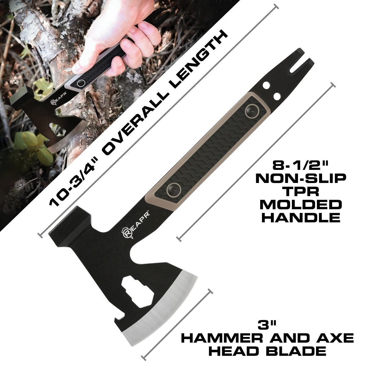 Similar to standard camping axes and hatchets in size, the Versa stands out from the pack to give you not only a 3″ axe head, but a 3-wrench set (10 mm, 13 mm, 16mm), cast hammer, pry bar, nail puller and a bottle opener. www.defenceqstore.com.au