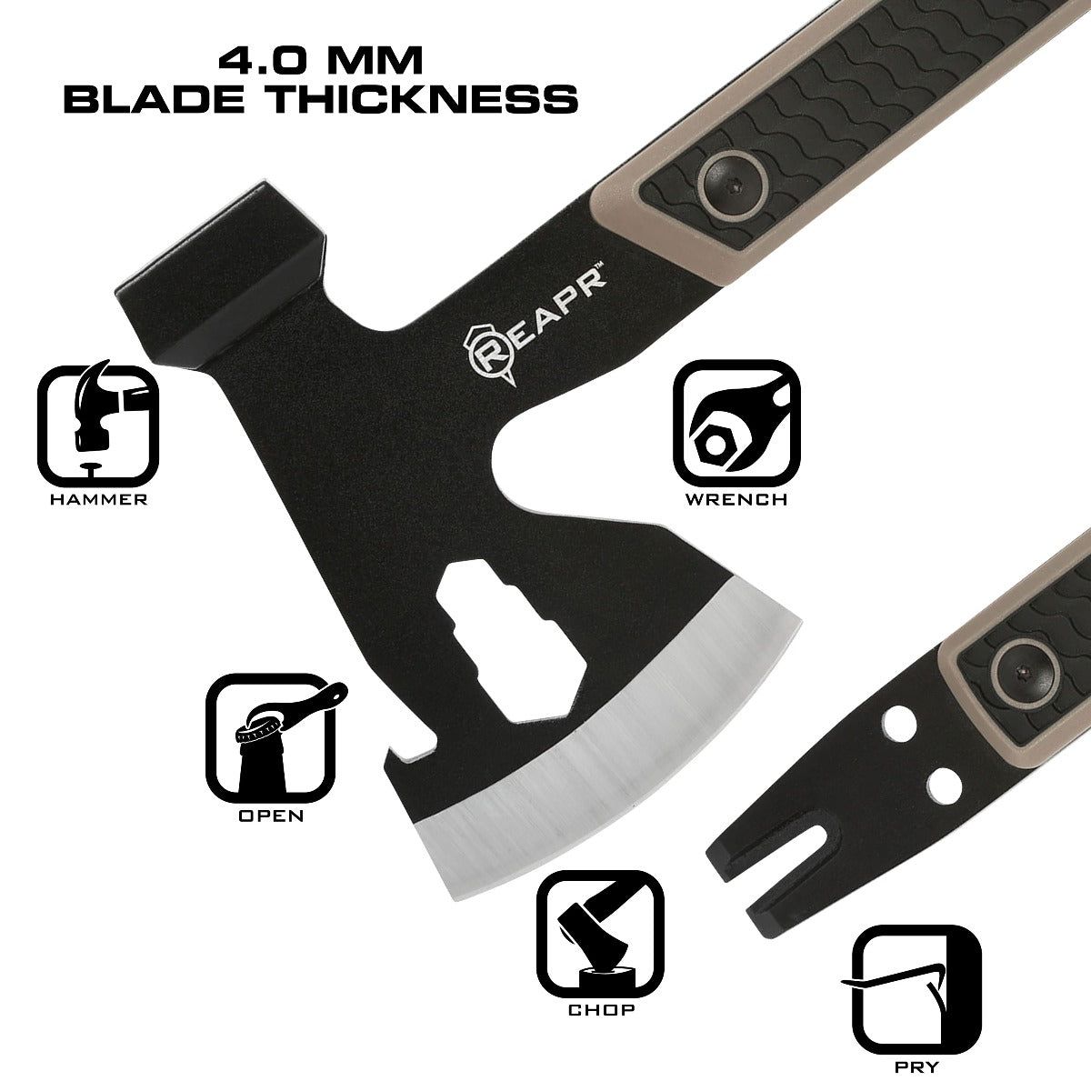 Similar to standard camping axes and hatchets in size, the Versa stands out from the pack to give you not only a 3″ axe head, but a 3-wrench set (10 mm, 13 mm, 16mm), cast hammer, pry bar, nail puller and a bottle opener. www.defenceqstore.com.au