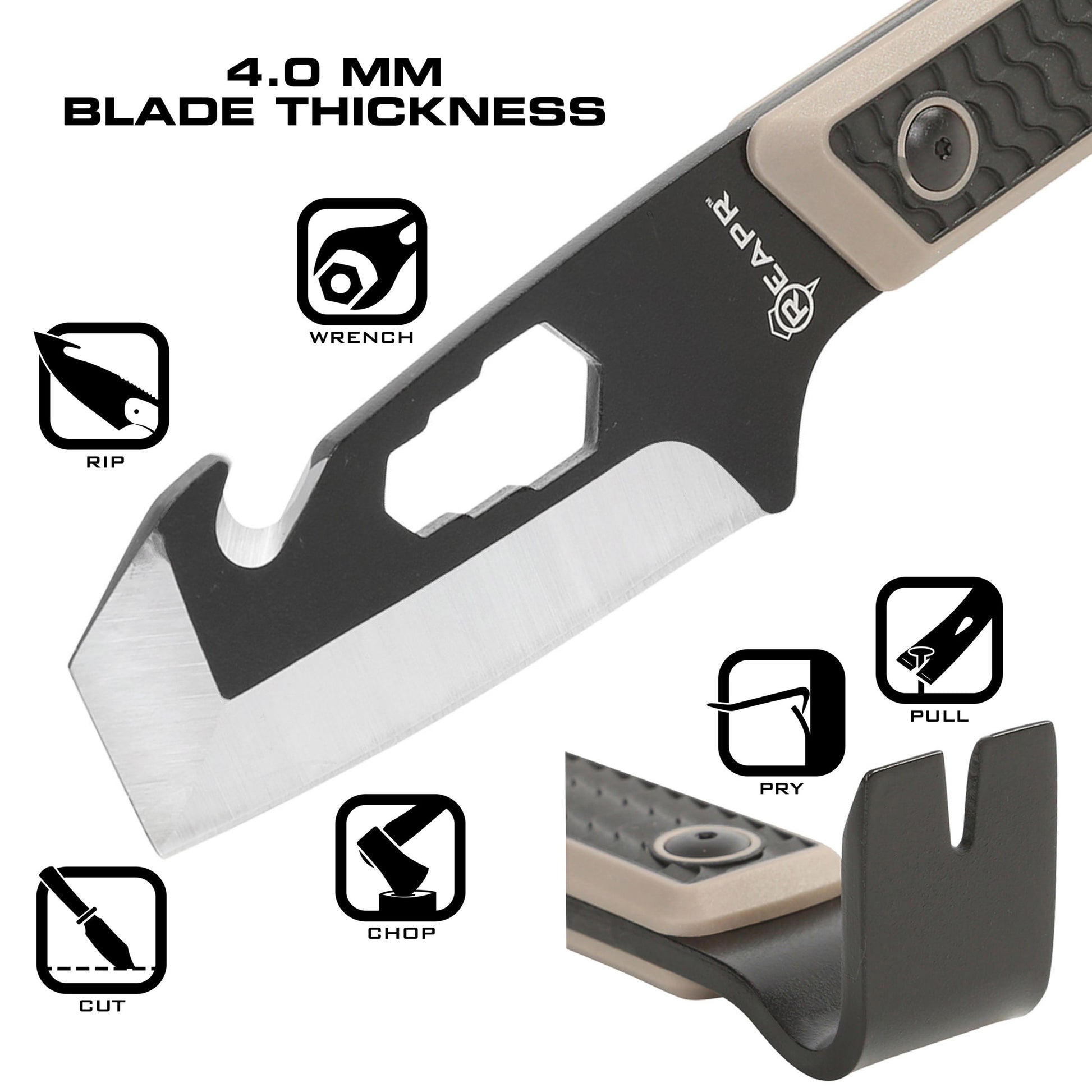 There’s not too much the REAPR 11015 Versa TAC Pry Bar can’t take care of. This versatility of this 10” pry bar is exceptional. There’s a ripper hook, wrench function and nail pullers, plus a cutting edge to pry or cut. The ripper hook on is excellent for tearing cloth, fishing line, or dressing small game like fish. www.defenceqstore.com.au