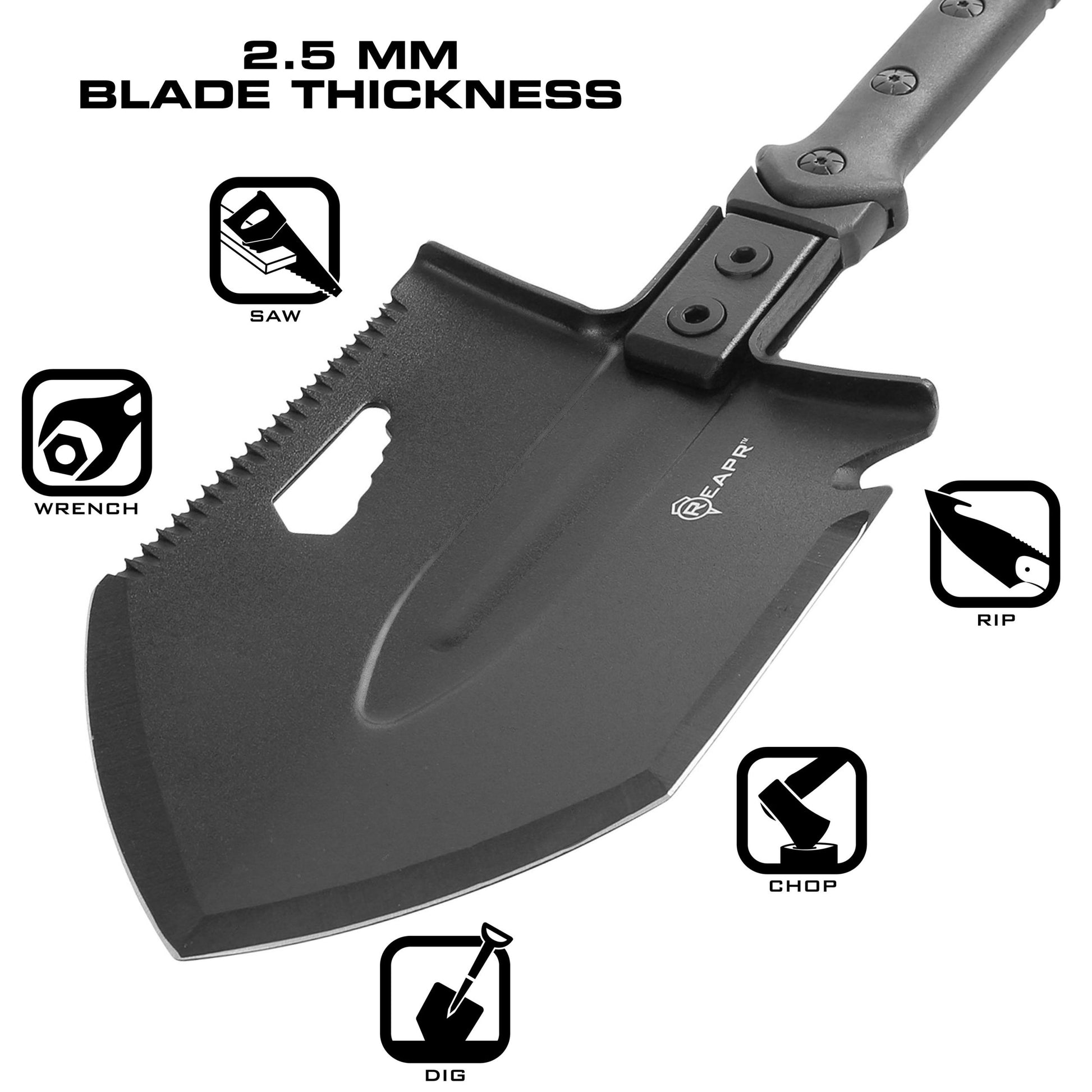 The REAPR 11021 TAC Survival Shovel is the ultimate survival tool shovel. This compact, space saving tool, features a 7 1/2″ stainless steel precision cast head (with a powder coat wrinkle finish) combining a saw edge, ripper, chopping edge and wrenches. www.defenceqstore.com.au