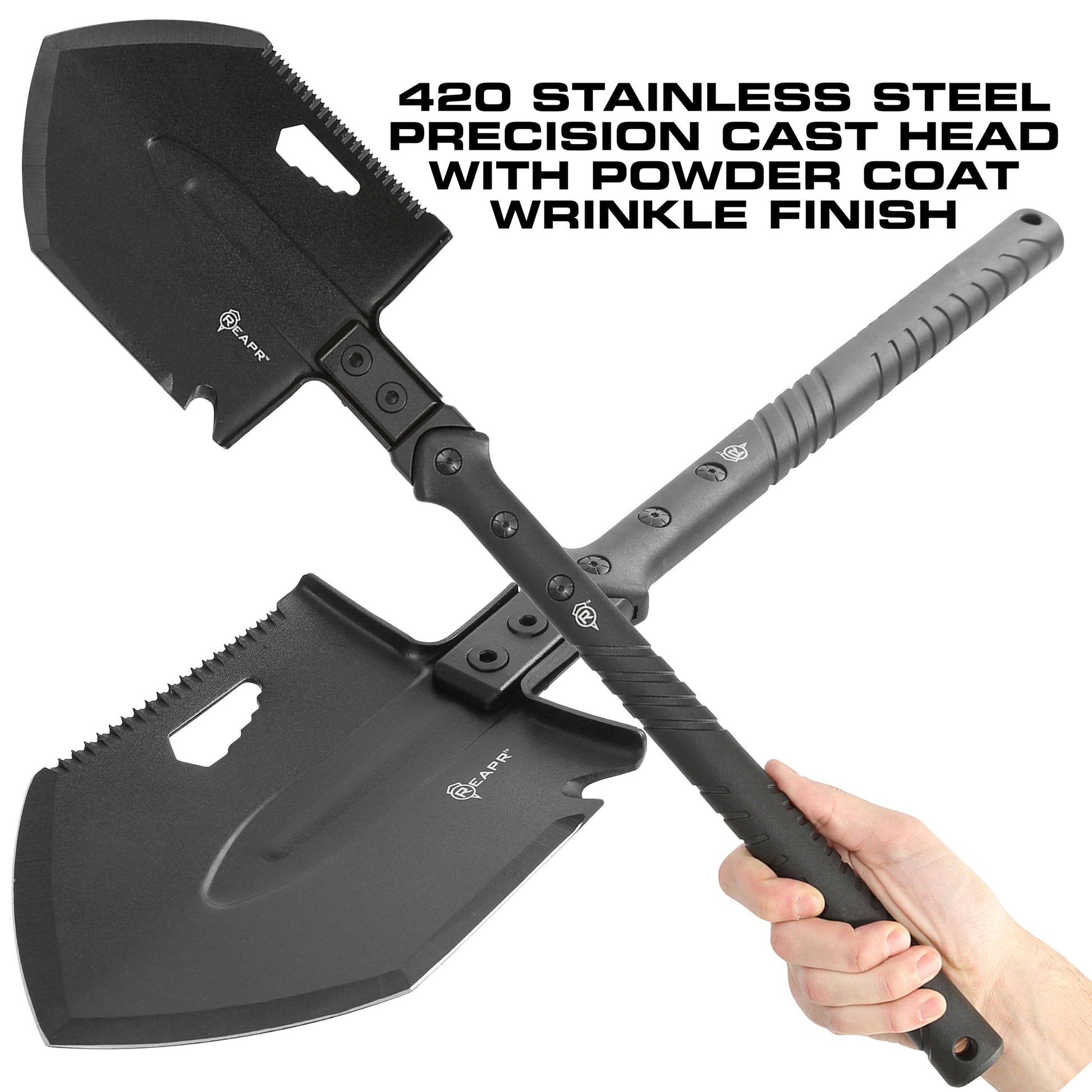 The REAPR 11021 TAC Survival Shovel is the ultimate survival tool shovel. This compact, space saving tool, features a 7 1/2″ stainless steel precision cast head (with a powder coat wrinkle finish) combining a saw edge, ripper, chopping edge and wrenches. www.defenceqstore.com.au