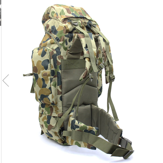 Large backpack with many pockets and lots of support, entails a built-in raincoat for the bag, waist support band with pockets and padding, completely adjustable bag with extra padding to protect back. Many pockets zip shut with buckle clips to secure everything. This bag will fit anything needed for your bushwalks, hunting, camping etc. military inspired multi-purpose backpack. www.defenceqstore.com.au