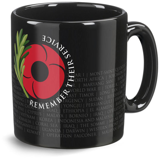 A moving Remember Their Service Coffee Mug for starting conversations and most importantly keeping drinks warm. This ceramic mug features operation and location names, set behind a vibrant red poppy and rosemary sprig. www.defenceqstore.com.au