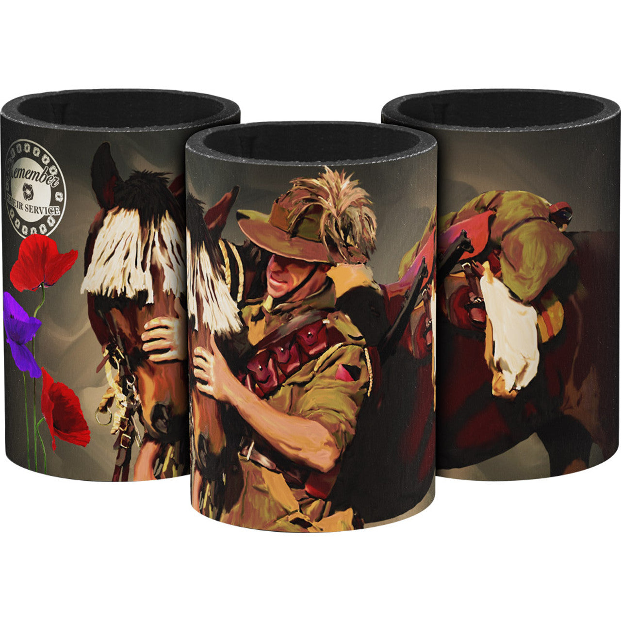 This drink cooler is a fantastic conversation piece, featuring moving artwork of the Australian Light Horse, with a rider comforting his mount. Honour the brave companions who served alongside our light horsemen. Made of neoprene, this cooler helps keep drinks cold and hands warm. www.defenceqstore.com.au